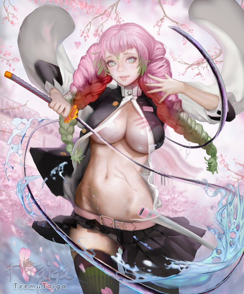 1girls, aqua eyes, artist name, belt, braids, breasts, cherry blossoms, demon slayer, female, female only, gluteal fold, haori, highres, kanroji mitsuri, kimetsu no yaiba, large breasts, long hair, midriff, miniskirt, navel, no bra, outdoors, parted lips, pink hair, pink-haired female, pleated skirt, realistic, scabbard, skindentation, skirt, solo, sword, teemu taiga, thighhighs, twin braids, uniform, whip, zettai ryouiki