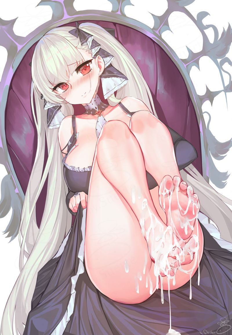 azur_lane bare_legs bare_shoulders breasts cum cum_on_body cum_on_feet cum_on_lower_body dress eyebrows_visible_through_hair feet formidable_(azur_lane) frilled_dress frills grey_hair large_breasts legs long_hair red_eyes ribbon silver_hair soles soles_focus suerte toes twintails