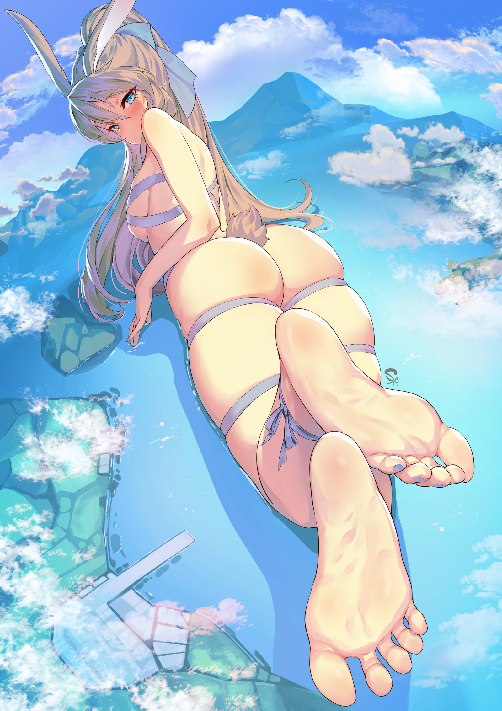 animal ears, ass, barefoot, blue eyes, blue nails, blush, breasts, brown hair, bunny ears, bunny tail, cloud, cloudy sky, commission, copyright request, eyebrows visible through hair, feet, female, forklift certified, giant, giantess, hair between eyes, hair ribbon, highres, large breasts, long hair, looking at viewer, mountain, nail polish, ocean, ribbon, sideboob, sky, smile, soles, solo, strap, suerte, tail, thighs, toenail polish, toenails, toes