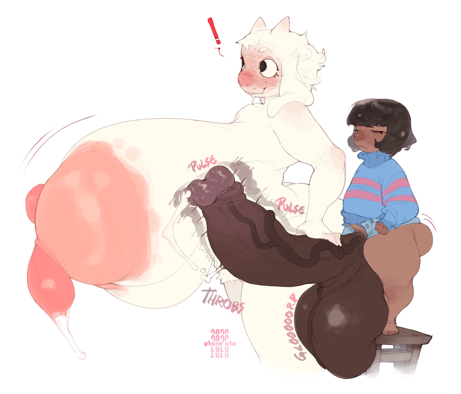 1boy, 1girls, ass size difference, balls sound effects, big ass, big balls, big breasts, big butt, big penis, blush, breasts bigger than body, breasts bigger than head, bubble butt, chubby, chubby female, chubby male, close to bursting, close to orgasm, closed eyes, curvy, curvy figure, dark skin, embarrassed, embarrassed smile, fat ass, fat cock, female, femboy, frisk, furry, gigantic breasts, goat, goat girl, goat horns, heavy throbbing, huge balls, huge breasts, huge cock, huge nipples, hyper, hyper breasts, hyper genitalia, hyper penis, jerking, jerkingoff, jerkingoff another, large breasts, large penis, long penis, male, massive breasts, massive penis, penis bigger than head, pulsating, pulsating cock, pulsing, round ass, rubbing penis, shirt only, short hair, size difference, small ass, sweat, sweatdrop, sweating, thick ass, thick penis, thick thighs, thighhighs, thighs, throbbing, throbbing penis, toriel, undertale, undertale (series), utaro uta, veins, veiny penis, voluptuous, white fur, wobbling penis