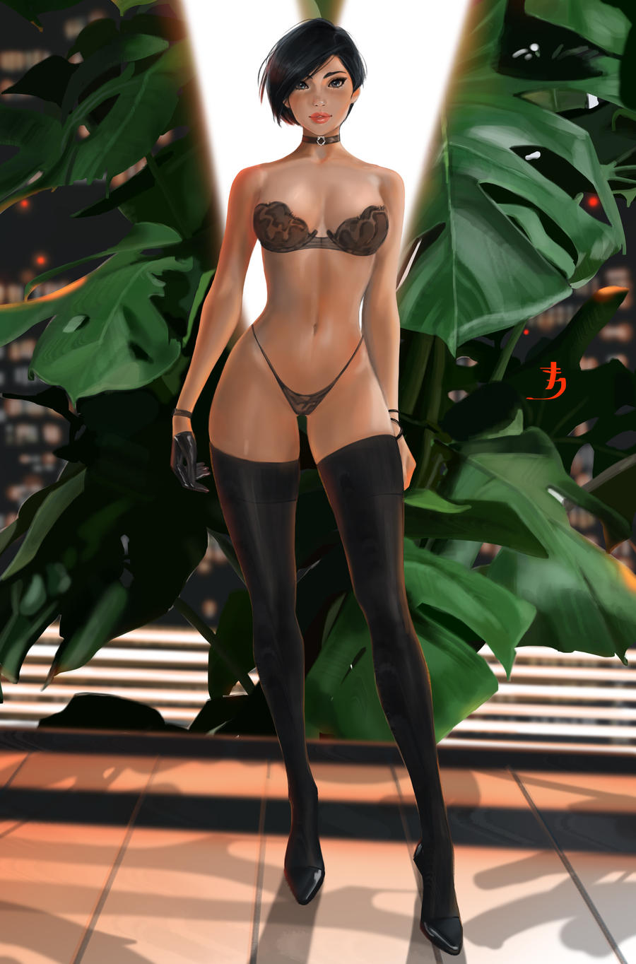 1girls, ada wong, ada wong (adriana), black hair, breasts, female, female only, high heels, large breasts, lingerie, long boots, looking at viewer, resident evil, resident evil 2, resident evil 2 remake, short hair, tattiart, thong, voluptuous