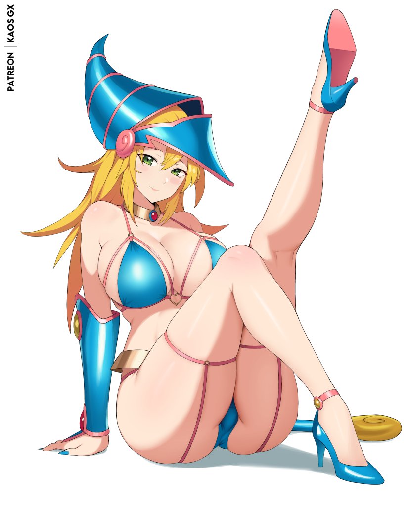 :), 1girls, ass, bikini, blonde hair, blue nails, blush, bra, cleavage, closed mouth, collar, cute, dark magician girl, duel monster, female, female only, fringe, gloves, green eyes, hi res, high heels, huge breasts, kaos art, konami, light skin, lingerie, long fingernails, long nails, looking at viewer, nail polish, one leg raised, painted fingernails, painted nails, pose, raised leg, revealing clothes, seductive smile, sharp fingernails, shoes, side view, sitting, skimpy clothes, solo, thick thighs, thighs, underwear, voluptuous female, white background, younger female, yu-gi-oh!, yu-gi-oh! duel monsters