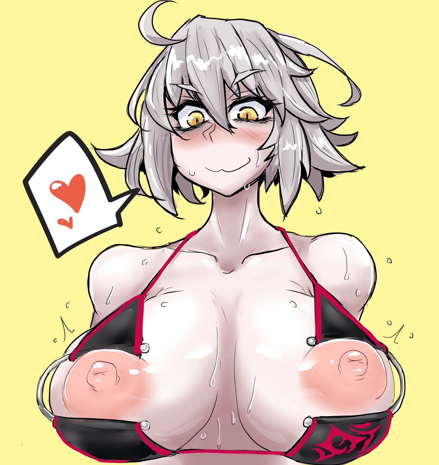 1girls, big boobs, big breasts, big tits, boobs, bra, breasts, eyebrows visible through hair, fate (series), female, hair between eyes, jeanne alter, kyoukotsu02, nipples, simple background, tits, woman, yellow eyes, yellow eyes female