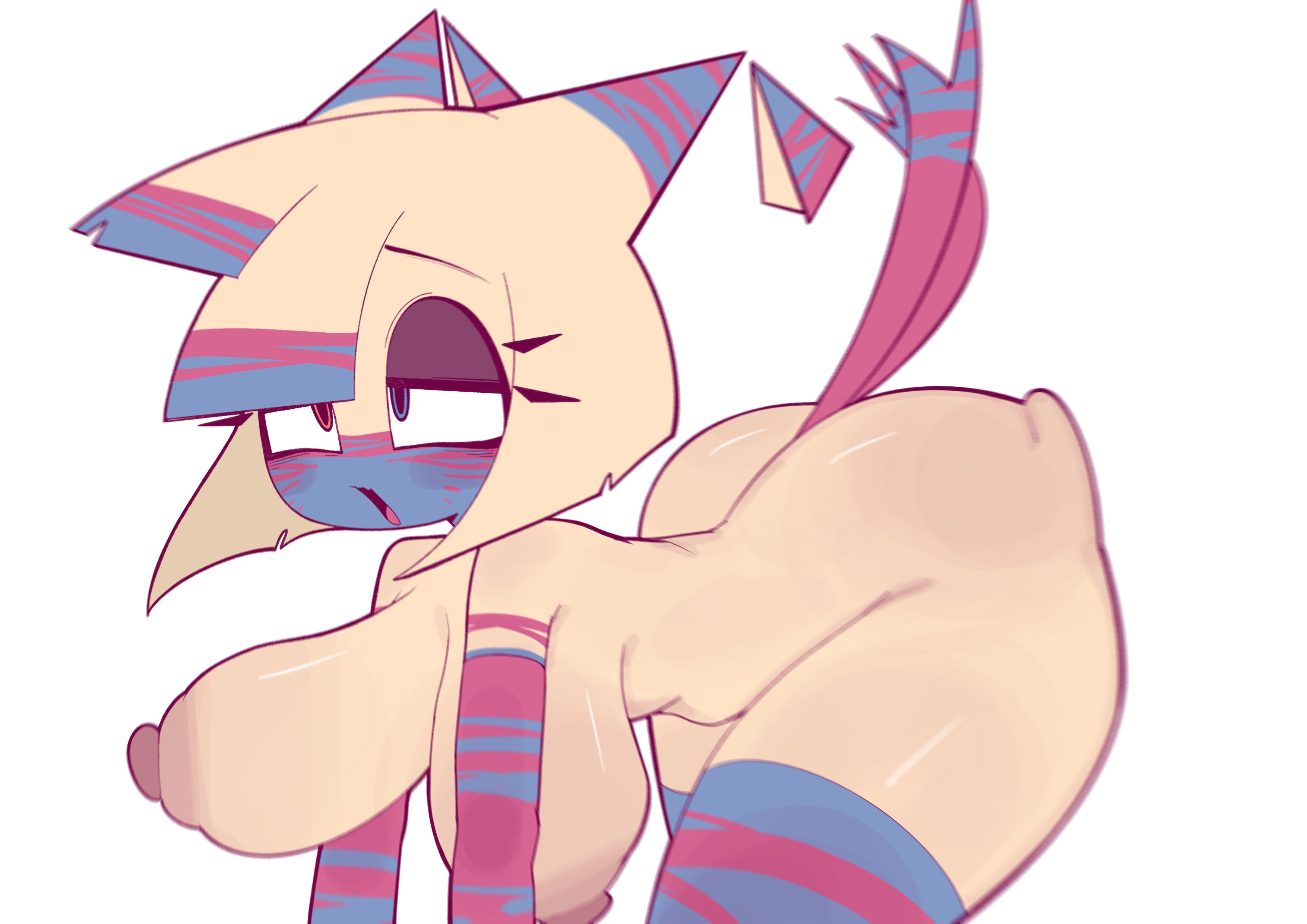 1girls, animal ears, animate inanimate, anthro, areolae, ass, blue eyes, blush, breasts, dandy's world, female, heterochromia, hss dada, implied sex, large ass, large breasts, multicolored body, multicolored hair, nipples, nude, open mouth, pinata, red eyes, roblox, tagme, thick thighs, thighhighs, white background, yatta (dandy's world)