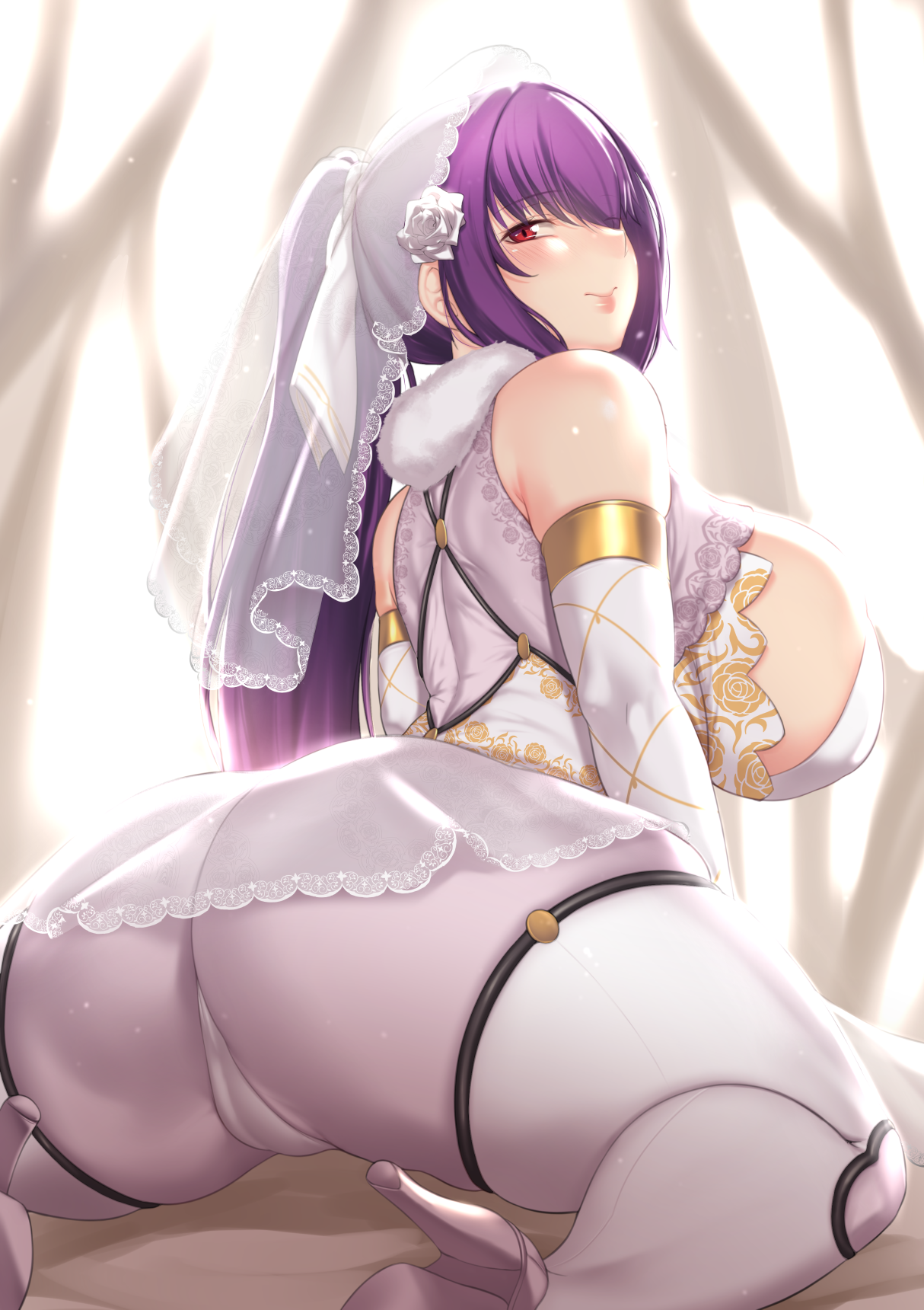 1girls, ass, aster crowley, big penis, blush, breasts, clothed, fate (series), fate/grand order, female, female only, hair ornament, hair ribbon, higher resolution available, large breasts, light skin, light-skinned female, looking at viewer, male, penis, ponytail, purple hair, red eyes, scathach (fate), scathach skadi, solo