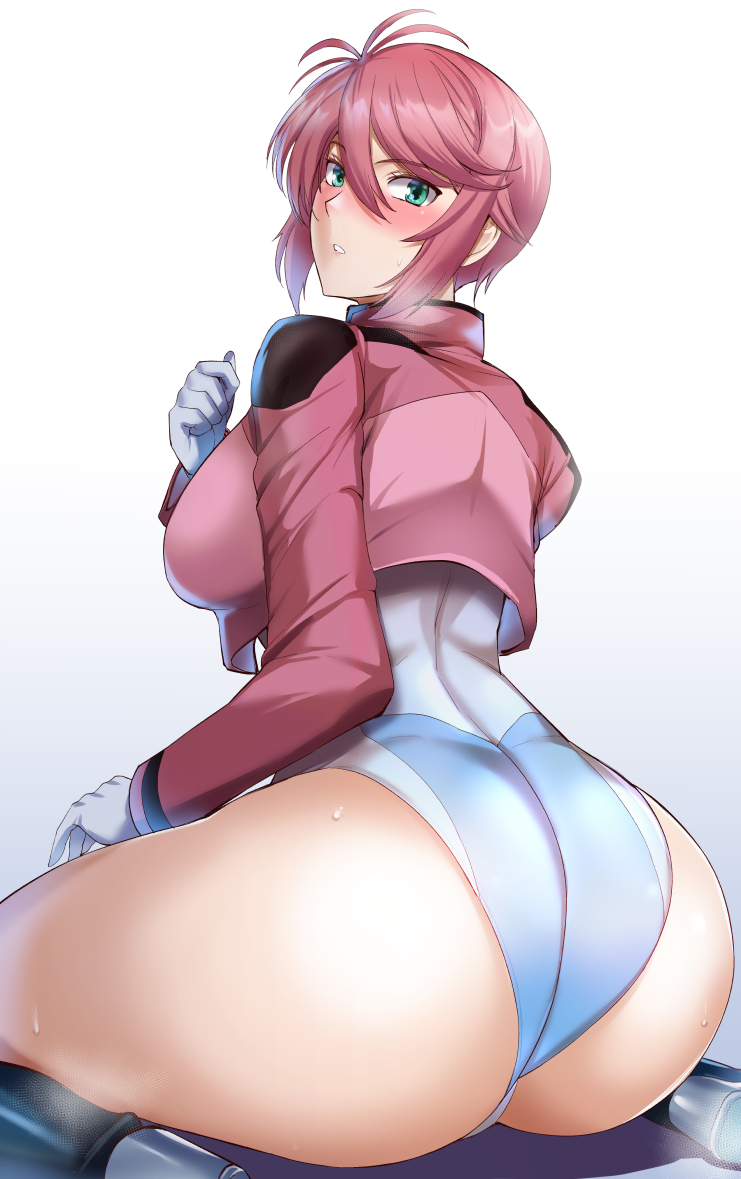 ass blue_background blush breasts feldt_grace female from_behind gloves gradient gradient_background green_eyes gundam gundam_00 huge_ass jacket kumakichi_(cost-lost) looking_at_viewer looking_back medium_breasts parted_lips red_hair short_hair solo thick_thighs thighs very_short_hair white_gloves