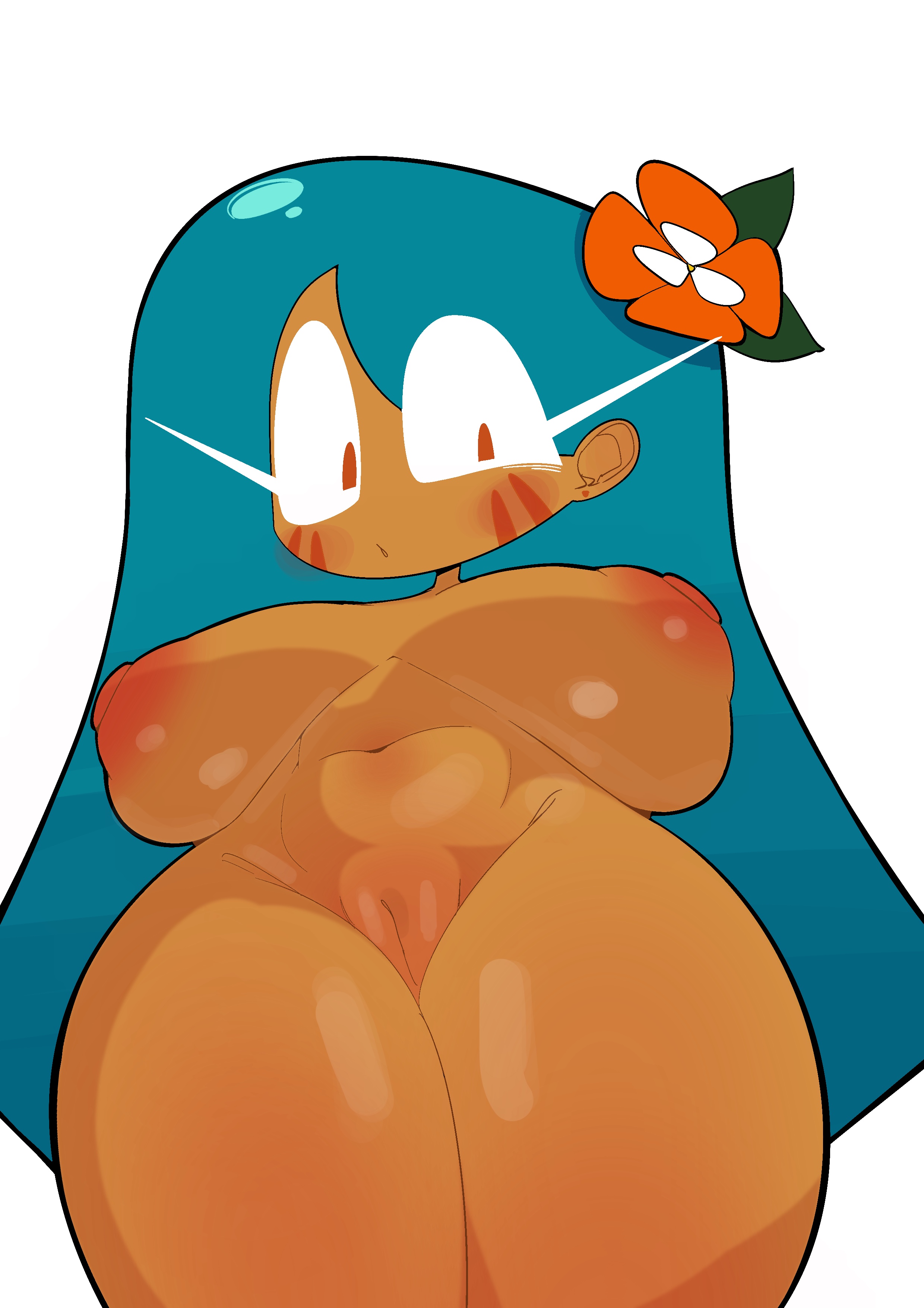 :o, 1girls, aqua hair, areolae, breasts, cookie run, cookie run kingdom, dark skin, dark-skinned female, facial markings, female, flower in hair, hair ornament, hss dada, huge breasts, long hair, nipples, nude, orange eyes, pussy, tagme, thick thighs, tiger lily cookie, white background