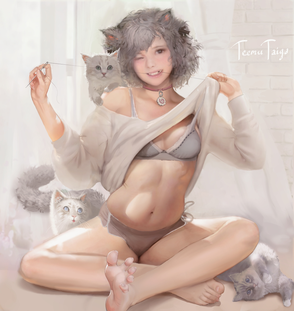 animal_ears barefoot bra cat_ears cat_tail choker clothes_lift feet feline female grey_eyes grey_hair lifted_by_self navel needle off-shoulder_sweater off_shoulder original panties short_hair sitting sitting_indian_style soles solo sweater sweater_lift tail teemu_taiga teeth thread toes underwear