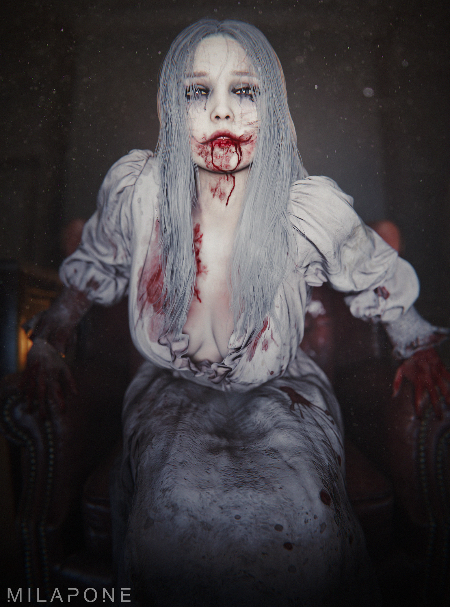 1girls, 3d, 3d (artwork), big breasts, biohazard, blood from mouth, blood in mouth, blood on face, blood stain, blue eyes, breasts, capcom, dress, female, female only, grey skin, hi res, high resolution, long hair, milapone, monster, monster girl, resident evil, resident evil 9: requiem, ruined makeup, seductive, seductive look, selena corey, silver hair, singer, sitting, sitting on sofa, solo, tagme, very long hair, white dress, zombie, zombie girl