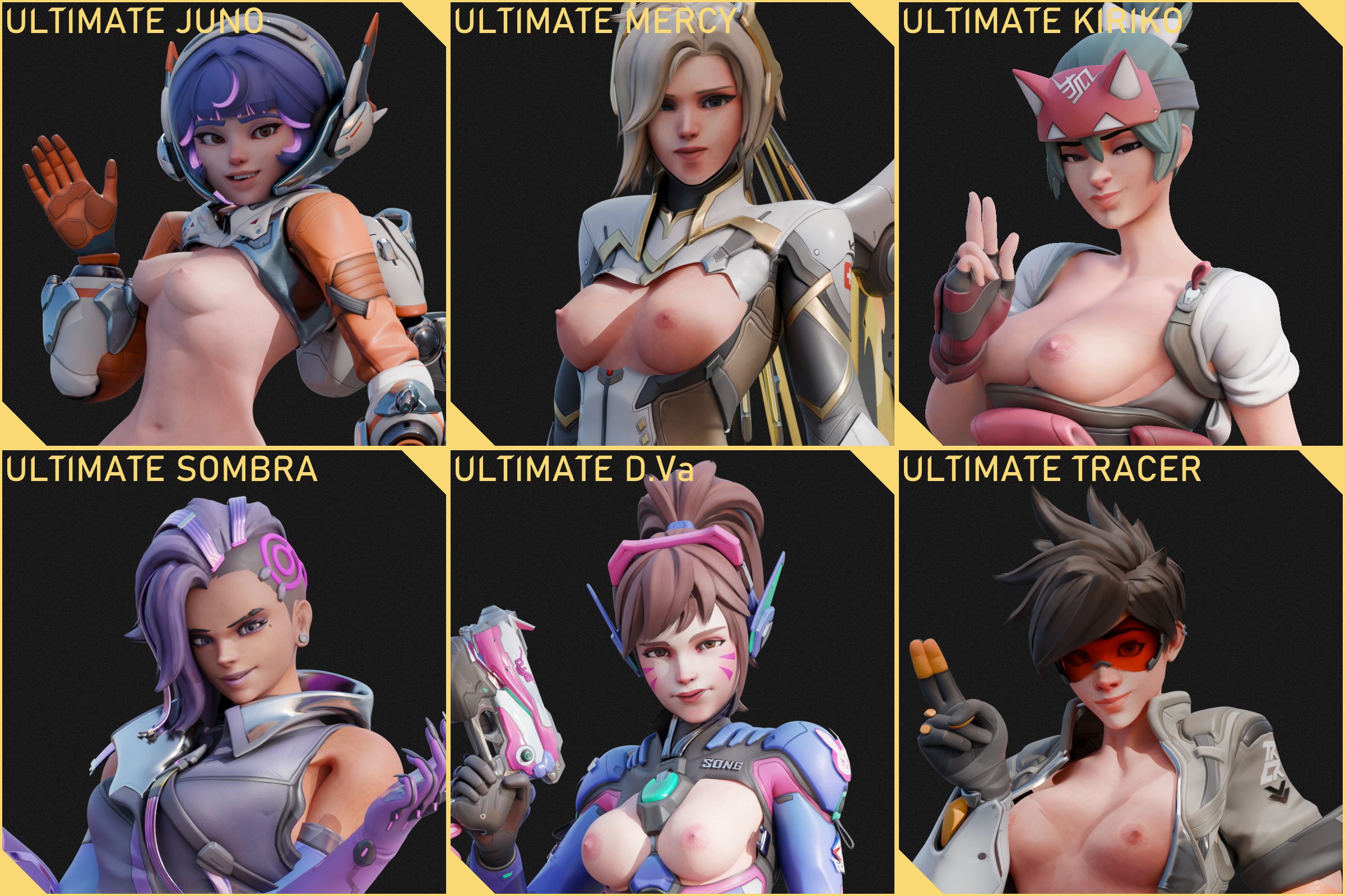 3d, 6girls, alternate costume, breasts out, casual, clothing, d.va, d.va (overwatch 2 suit), dark skin, exposed breasts, female, female only, firearm, handgun, human, juno (overwatch), kiriko (overwatch), mercy, mercy (overwatch 2 suit), nonsexual, nonsexual nudity, overwatch, overwatch 2, pale skin, smutbase, sombra, sombra (overwatch 2 suit), swursterotic, tracer, tracer (overwatch 2 suit), weapon