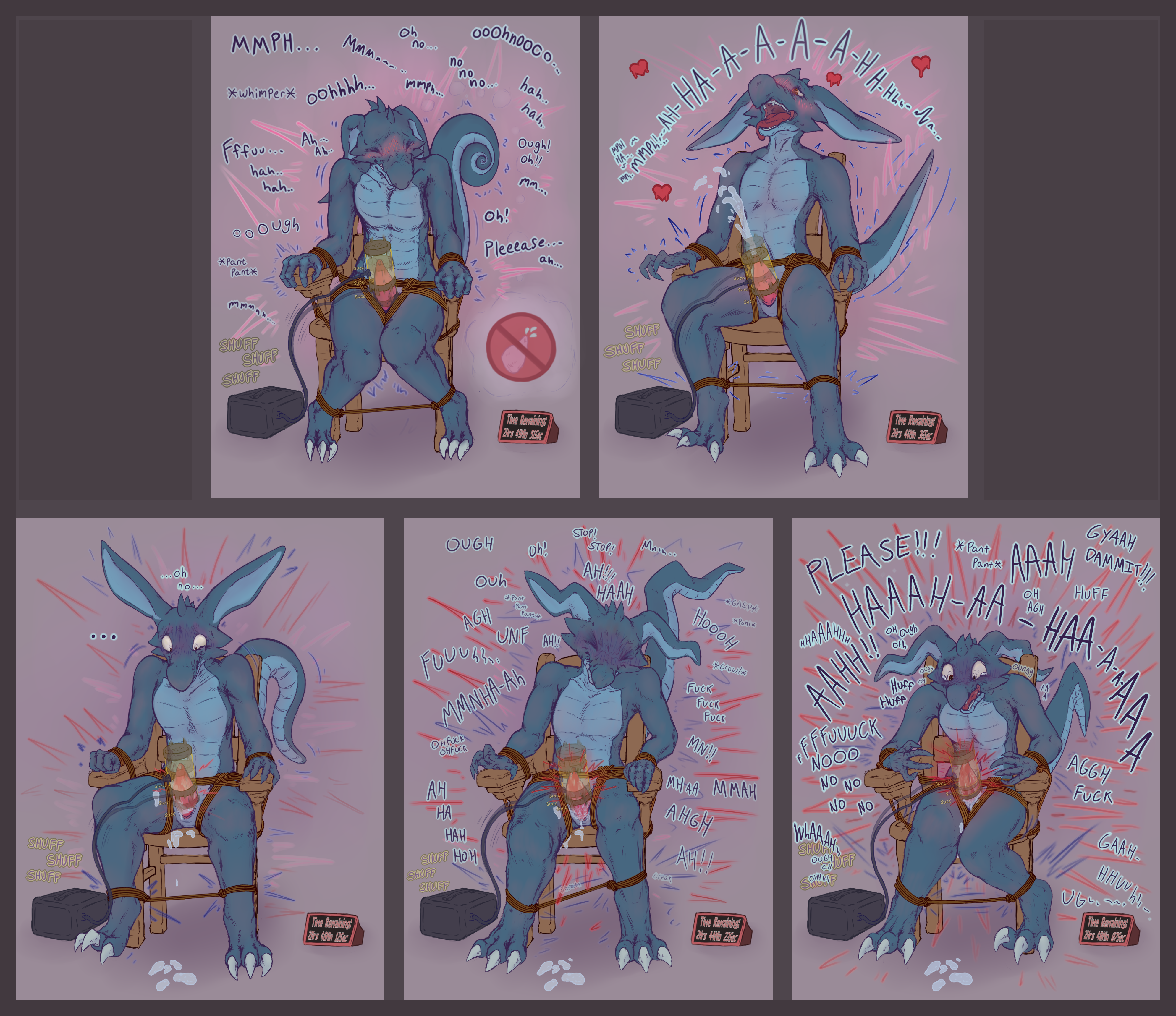 3 toes, absurd res, after orgasm torture, ankles tied, anthro, apprehensive, axentooth, begging to stop, bite, biting lip, blush, blush lines, bodily fluids, body blush, bondage, bound, bound to object, brown eyes, chair, claws, clenched teeth, clenching, closed eyes, comic, countershading, cum, cum on penis, cum on self, cumlube, cumshot, curled tail, curved tail, ears back, ejaculation, emenata, english text, erection, feet, fist, five frame image, five frame sequence, forced, furniture, gasp, genital fluids, genitals, hands tied, head spikes, heart symbol, hi res, imminent after orgasm torture, imminent overstimulation, knock-kneed, kobold, leaning, leaning backward, looking down, male, moan, motion lines, multicolored body, oh no, onomatopoeia, open mouth, orgasm, orgasm face, overstimulation, penile, penis, penis milking, penis milking machine, pivoted ears, pointy ears, prick ears, profanity, reaching for object, realizing problem, resisting orgasm, restraints, rope, rope bondage, saliva, saliva string, scalie, scared, screaming, sitting, solo, sound effects, spikes, spikes (anatomy), spread toes, straight tail, struggling, tail, tears, tears of pain, teeth, tense, text, thick thighs, thought bubble, timer, toe claws, toes, tongue, tongue out, trying to escape, two tone body, worried, worried look, wrinkled nose, writhing, yelling