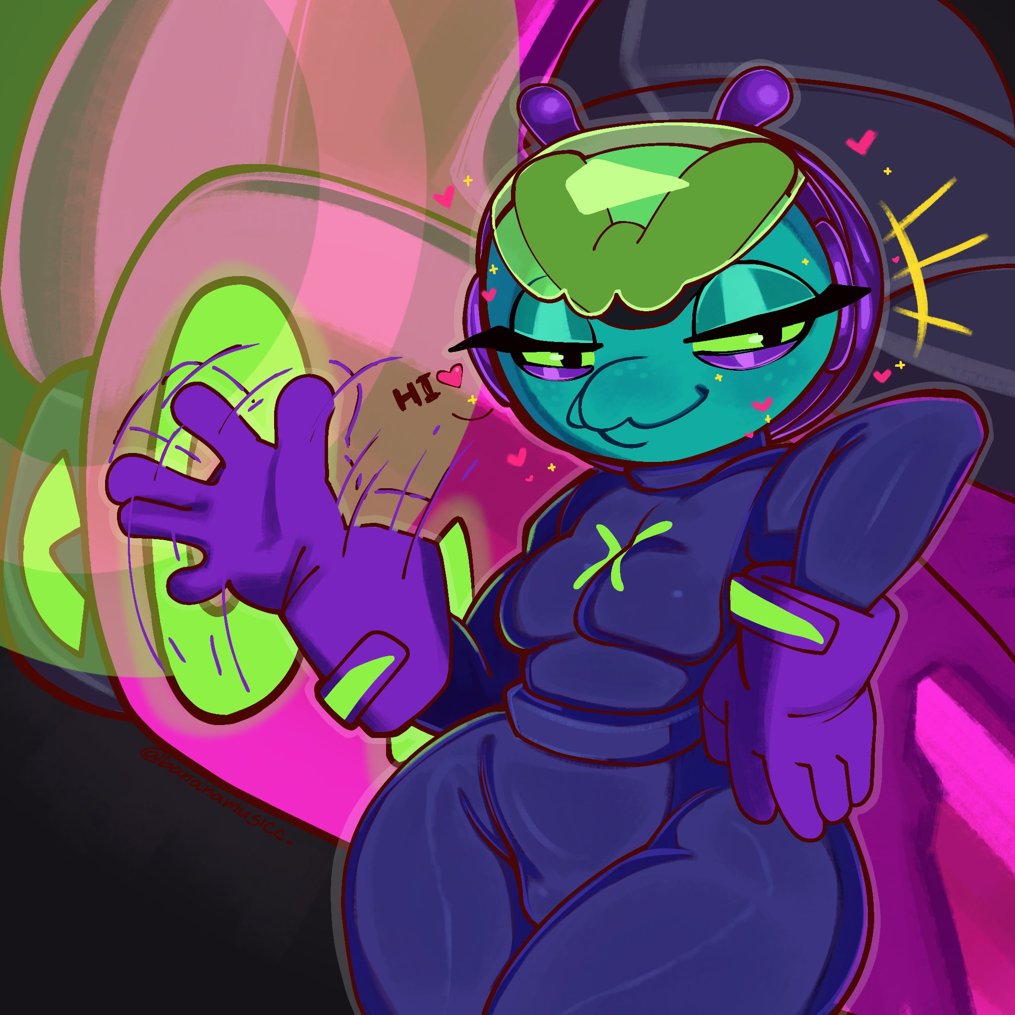 alien, alien girl, baiku eve, bananamusicc, bodysuit, brawl stars, breasts, eve (brawl stars), female, female only, gloves, green sclera, green skin, heart, seductive, seductive look, skin tight, small breasts, smile, tagme, text, thick thighs, tight clothing, voluptuous, waving, wide hips