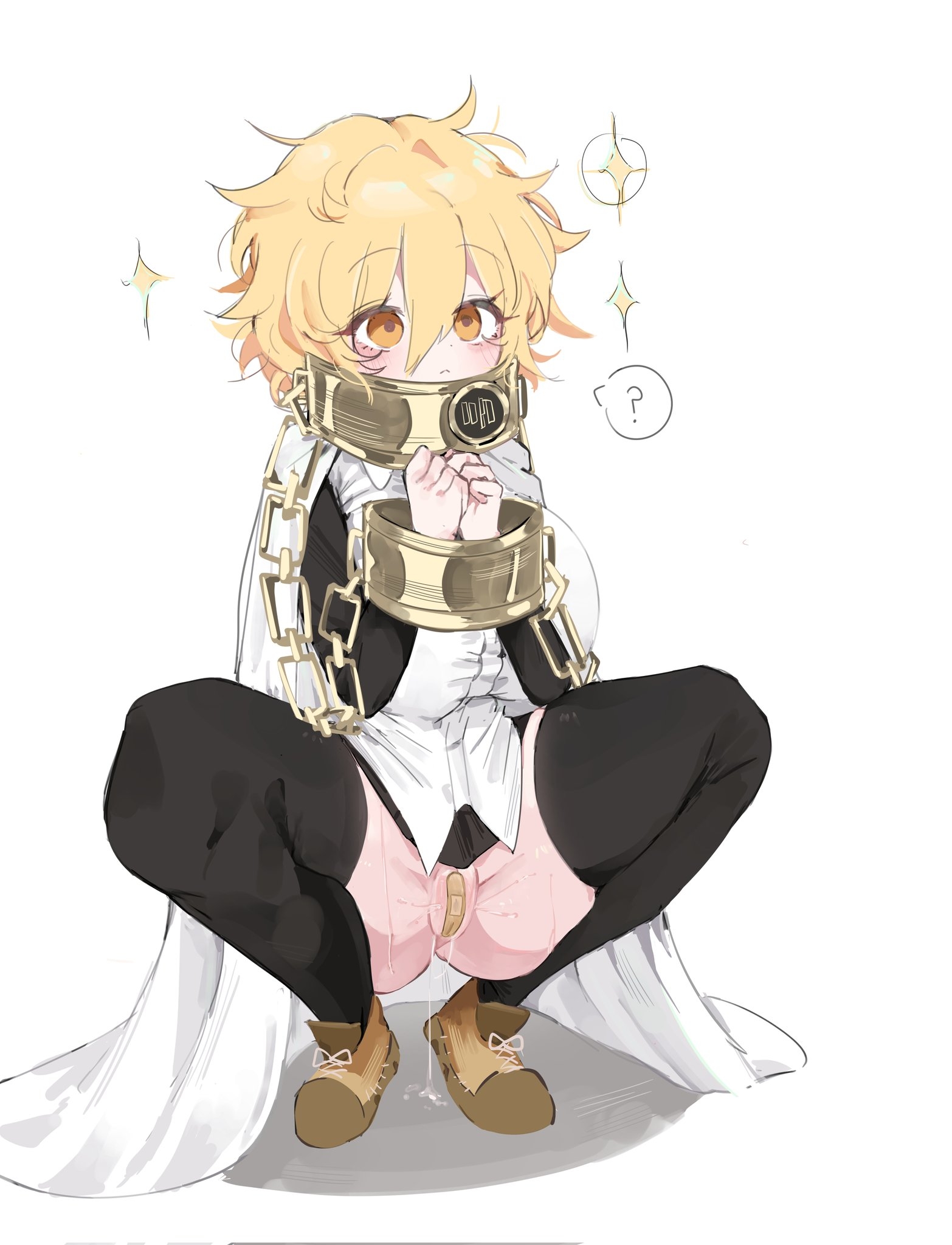 1girls, bandage, bandage on pussy, black necktie, black skirt, blonde hair, breasts, brown shoes, cape, chained, chained wrists, chains, collar, cuffs, don quixote (limbus company), female, gloves, handcuffs, index (identity) (project moon), index don quixote, jacket, kneeling, kneeling female, large breasts, limbus company, long sleeves, looking at viewer, necktie, project moon, pussy, pussy juice, pussy juice drip, shirt, shoes, short hair, skirt, solo, star (symbol), text bubble, thighhighs, white background, white cape, white shirt, yellow eyes