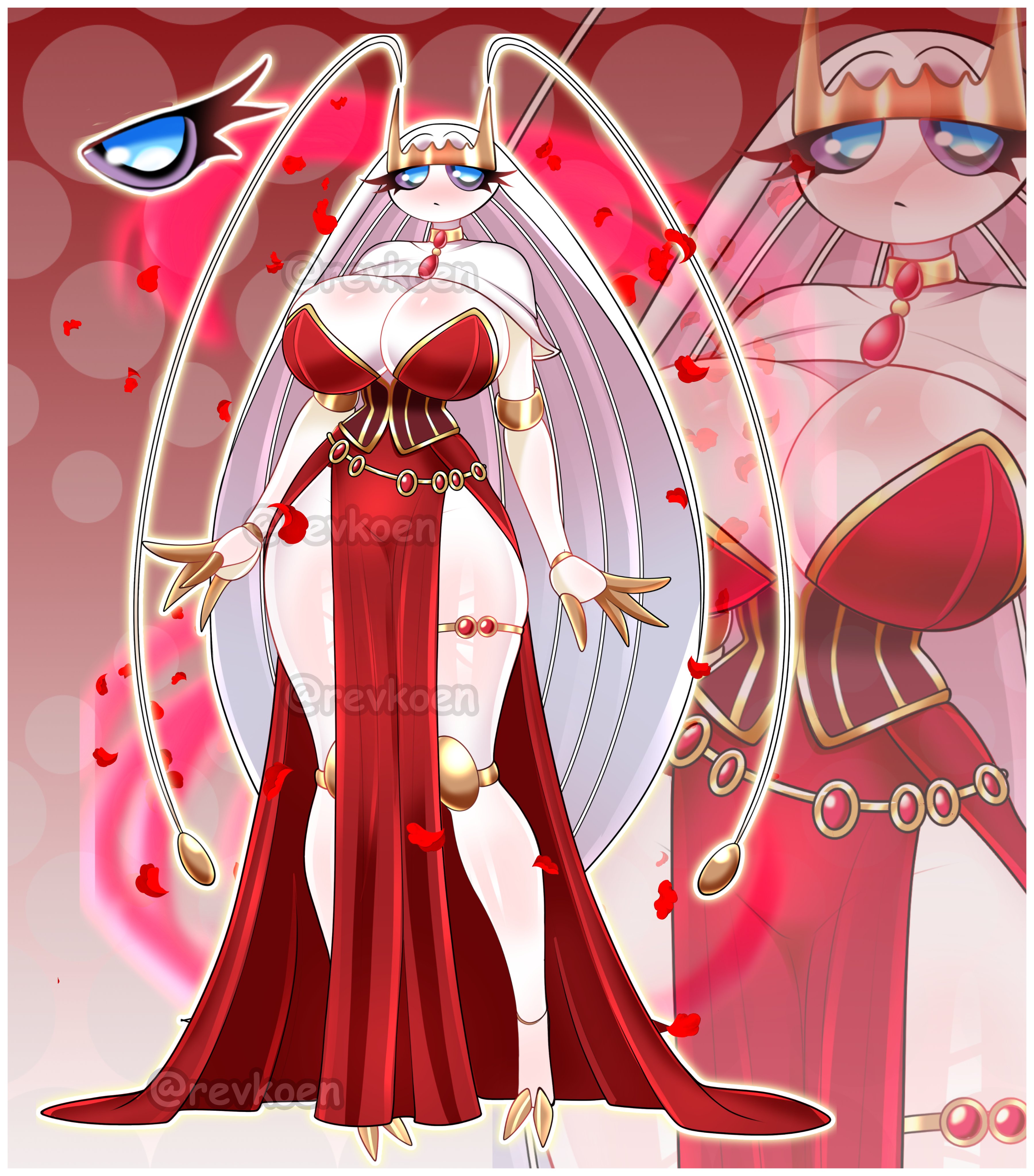 antennae, antennae (anatomy), blue eyes, breasts, breasts bigger than head, bug, bug girl, cleavage, corset, dress, eyelashes, female, female only, heart, large breasts, long hair, pheromosa, pokemon, pokemon (species), revkoen, tagme, thick thighs, ultra beast, voluptuous, white body, white hair, wide hips