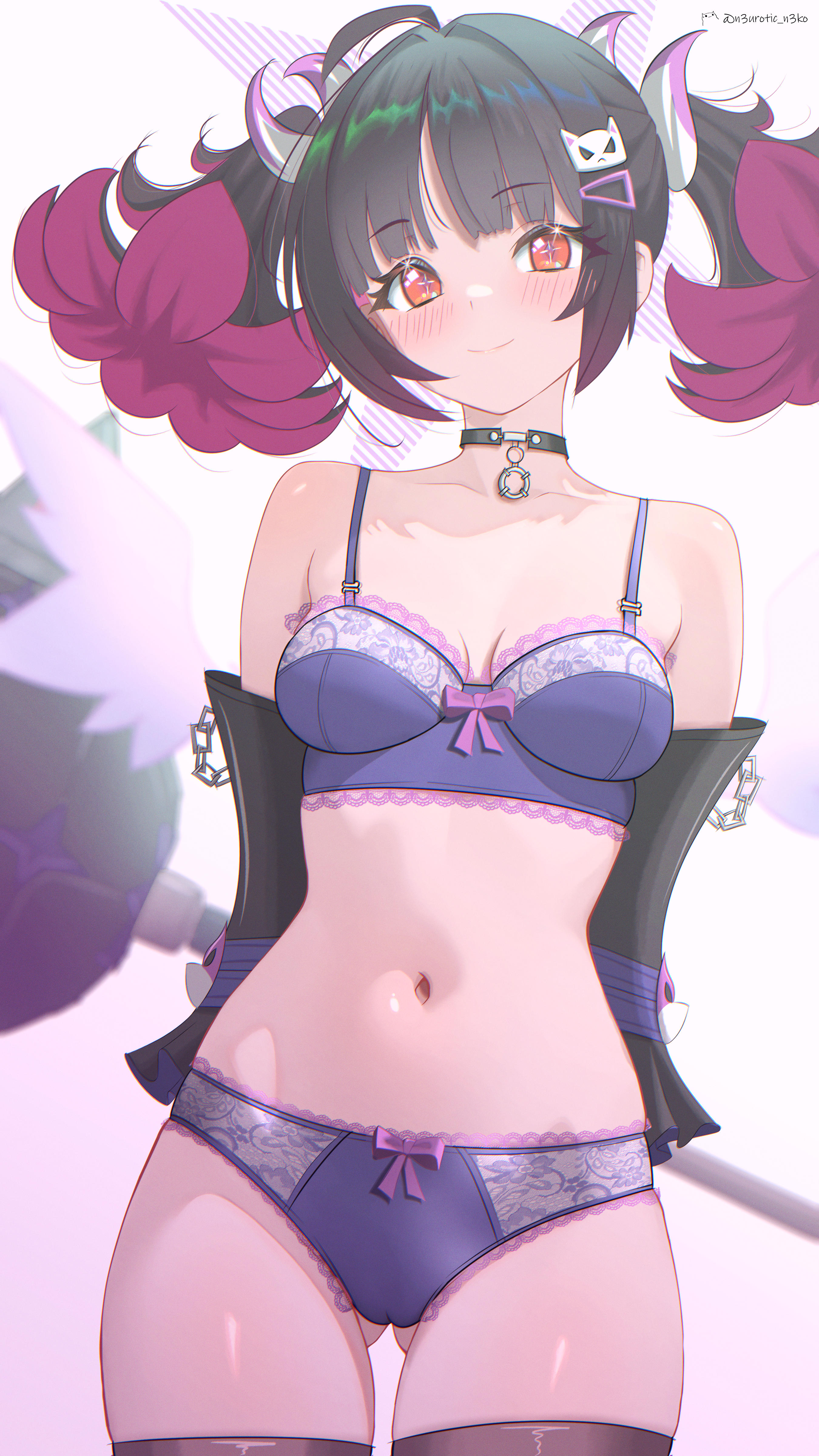 1girl, 1girls, ahoge, angels of delusion, arms behind back, ass visible through thighs, bangs, bare shoulders, black choker, black hair, black thighhighs, blush, bow, bow bra, bow panties, bra, breasts, choker, chromatic aberration, closed mouth, collarbone, cowboy shot, female, hair ornament, hairclip, horns, lace trim, long hair, looking at viewer, medium breasts, multicolored hair, nangong yu (rhapsody's muse) (zenless zone zero), nangong yu (zenless zone zero), navel, neurotic neko, panties, pink hair, purple hair, red eyes, simple background, smile, solo, stomach, thighhighs, twintails, two-tone hair, underwear, white background, wings, zenless zone zero
