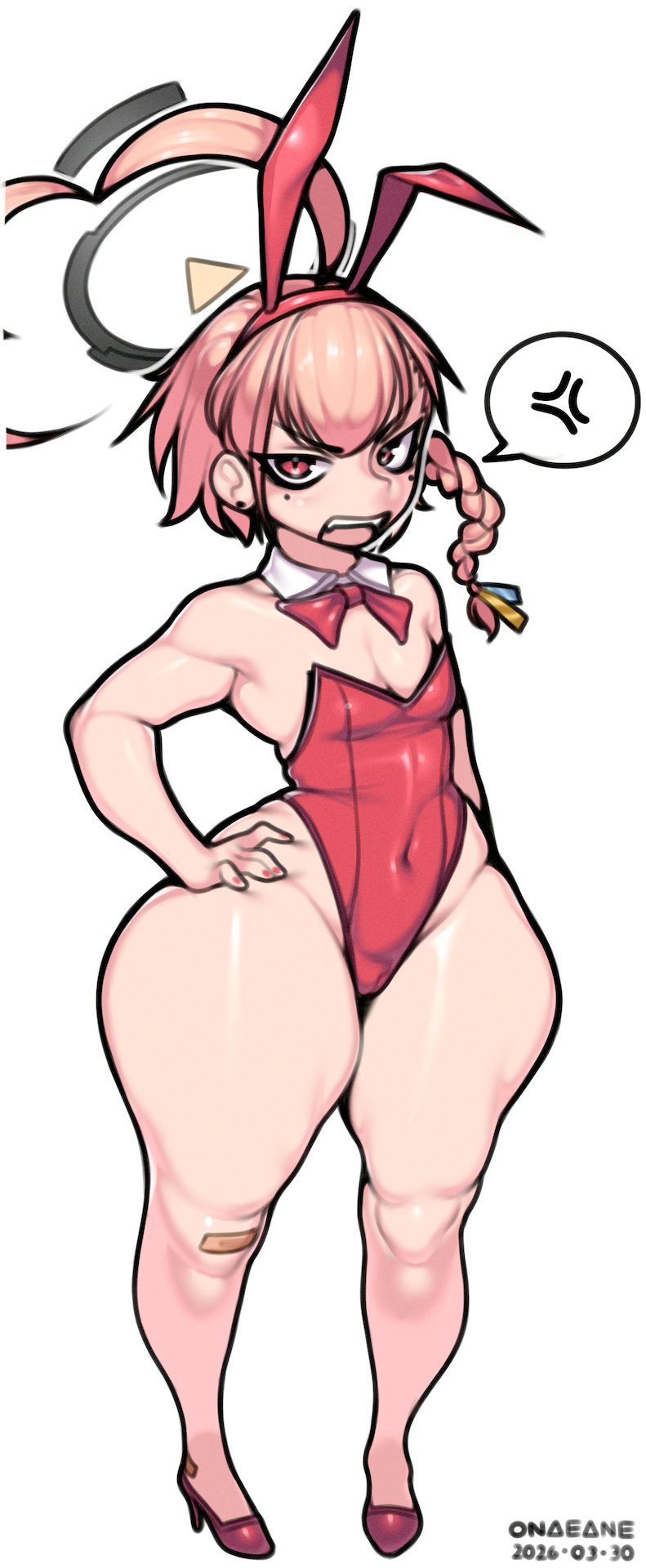 1girls, ahoge, annoyed, annoyed expression, artist name, bandage, blue archive, bottom heavy, bubble butt, bunny ears, bunnysuit, female focus, hand on hip, neru (blue archive), neru (bunny) (blue archive), onaeane, shortstack, small breasts, solo female, thick thighs, thunder thighs, tomboy, toned female, white background, wide hips