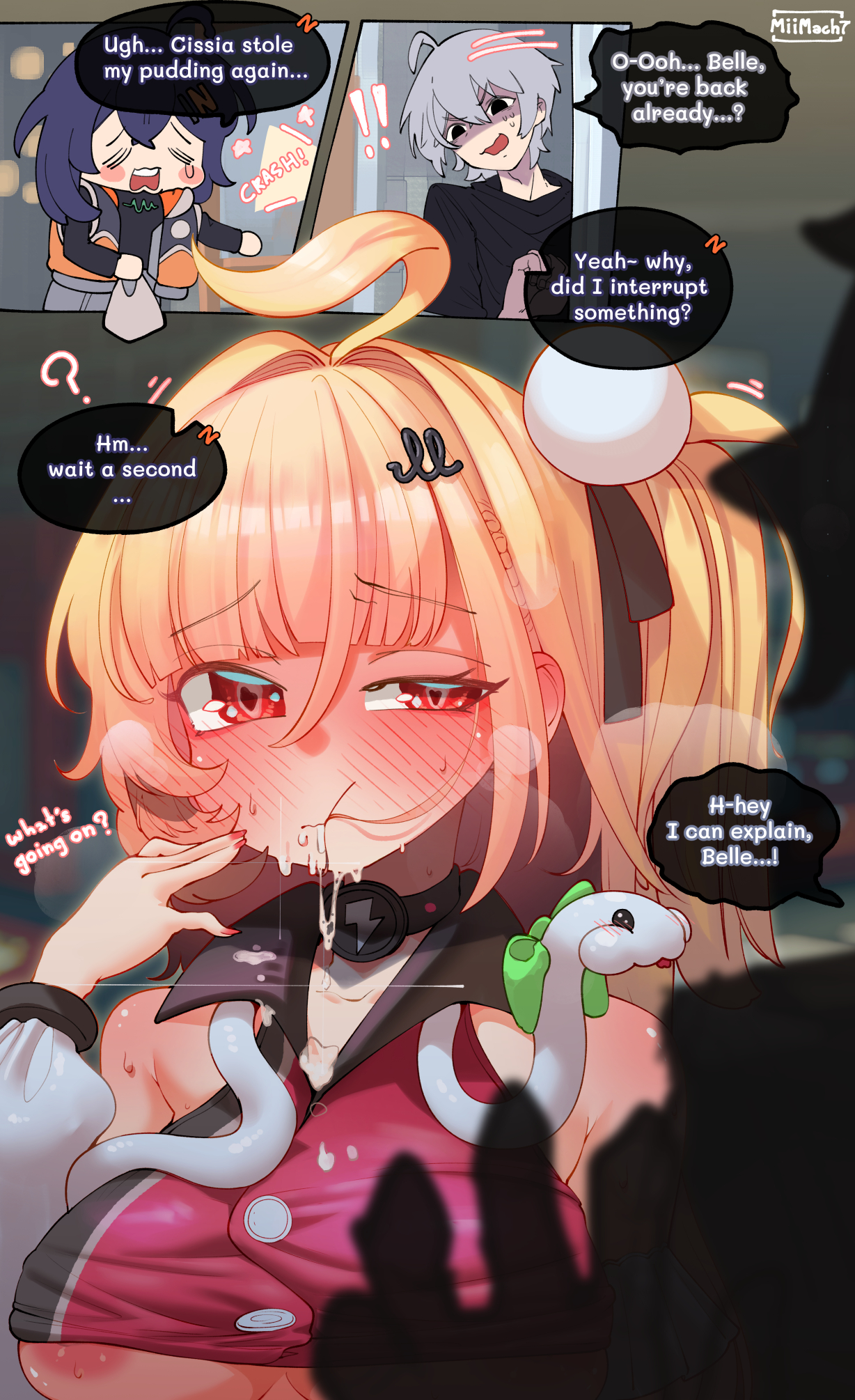 1boy, 1boy2girls, 2girls, after fellatio, after sex, ahoge, areola, areola slip, areolae, bare shoulders, belle (zenless zone zero), big breasts, blonde female, blonde hair, blue hair, blush, blush lines, blushing female, breasts, caught in the act, cheek bulge, cissia (zenless zone zero), closed mouth, colored nails, cum, cum dripping down chin, cum in mouth, cum inside, cum leaking, cum leaking out of mouth, cum on clothes, english dialogue, english text, grey hair, hair, hair in mouth, hair in own mouth, hair ornament, hi res, hoyoverse, implied bestiality, implied blowjob, implied oral, light skin, light-skinned female, light-skinned male, long hair, miimach7, mouth full of cum, nipples, painted nails, panels, pink nipples, ponytail, red eyes, shoulders, side ponytail, snake, snake girl, snake hair ornament, tagme, underboob, uneven eyes, white snake, wise (zenless zone zero), zenless zone zero