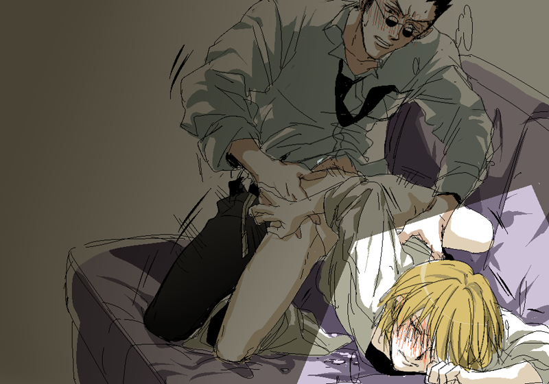 2boys big_penis blonde_hair blush gay gay_domination gay_sex glasses hunter_x_hunter kurapika leorio_paladiknight male male_only multiple_boys