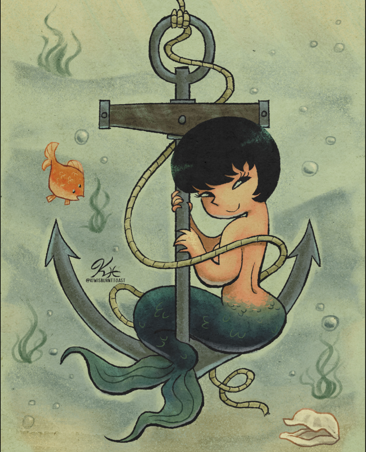 1girls, 2026, black hair, clam, female, fish tail, girl, happy, jucika, jucika (comic), kiwisburnttoast, light skin, mermaid, mermaid tail, no bra, orange fish, short hair, smile, underwater, woman solo