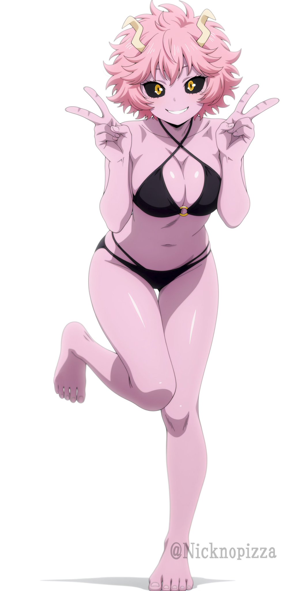 1girls, ai, ai generated, bikini, feet, looking at viewer, mina ashido, my hero academia, nicknopizza, one leg up, peace sign, pink hair, pink-haired female, smile, swimsuit