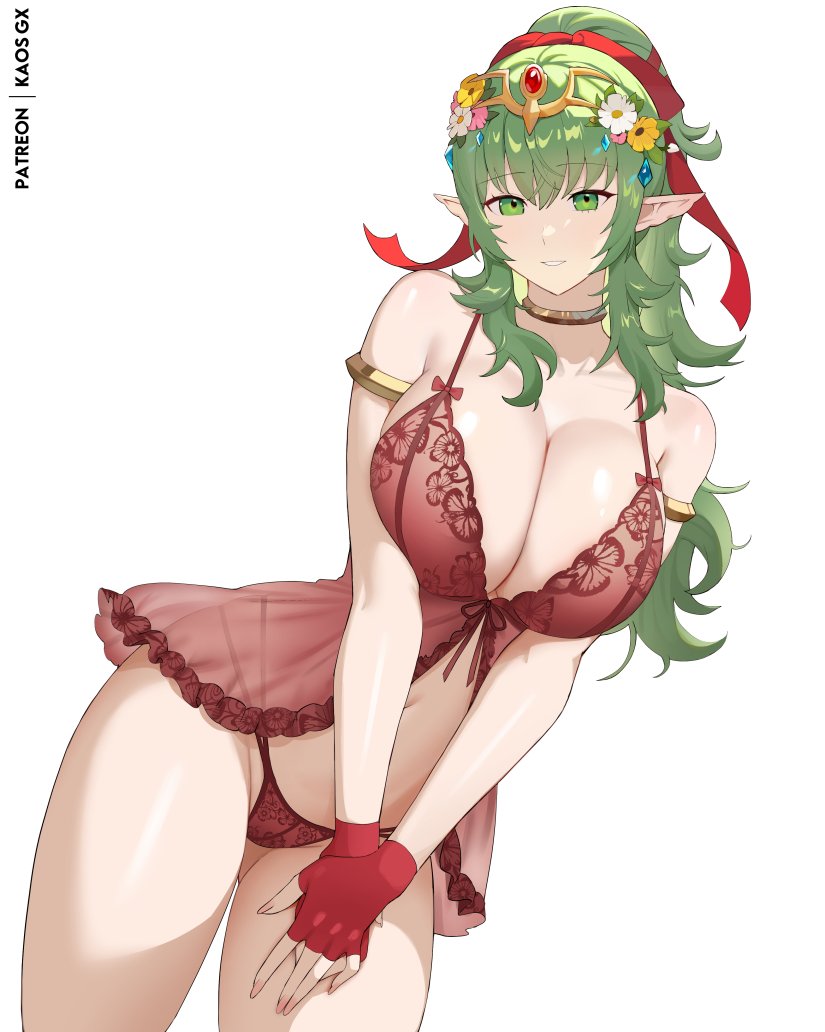 1girls, accessory, adult female, babydoll, bandage, beautiful, commission, curvy, dragon girl, female, female only, fire emblem, fire emblem awakening, fire emblem heroes, fire emblem: mystery of the emblem, fire emblem: shadow dragon and the blade of light, fringe, gloves, green eyes, green hair, hi res, huge breasts, human, intelligent systems, kaos art, large breasts, light skin, lingerie, looking at viewer, manakete, nintendo, panties, pointy ears, ponytail, pose, ribbon, simple background, smile, solo, thighs, tiki (fire emblem), tiki (fire emblem) (adult), underwear, voluptuous, white background