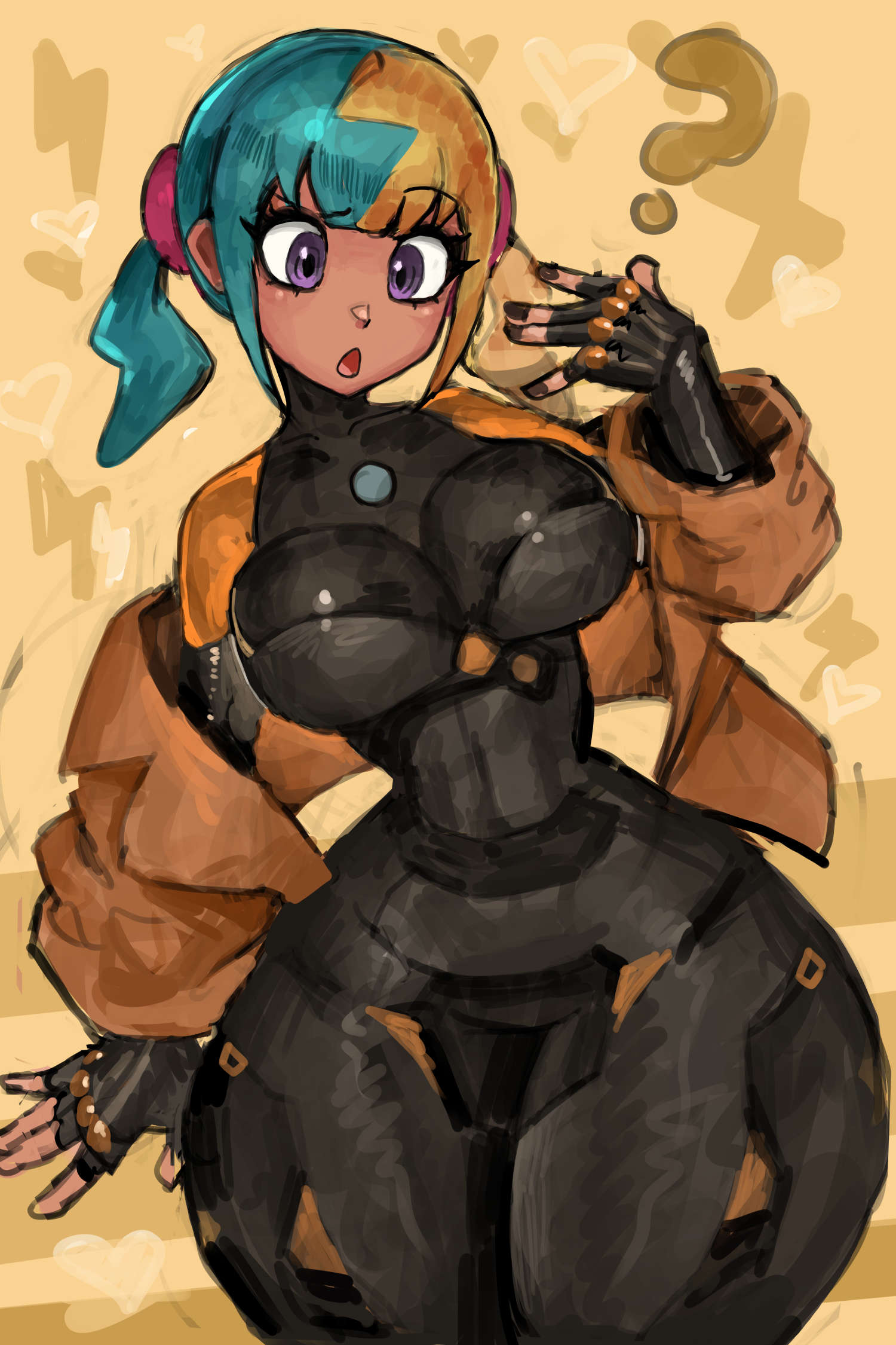 1girls, black nails, blue hair, blush, bodysuit, breasts, canari (pokemon), canary (pokemon), confused, cosplay, emma (pokemon) (cosplay), female, female only, hype ass, hyper, jacket, matiere (pokemon legends: z-a), matiere (pokemon) (cosplay), nail polish, open mouth, pokemon, pokemon legends: z-a, purple eyes, saiykik, short hair, skin tight, solo, tagme, thick thighs, thunder thighs, tied hair, tight clothing, voluptuous, wide hips, yellow hair