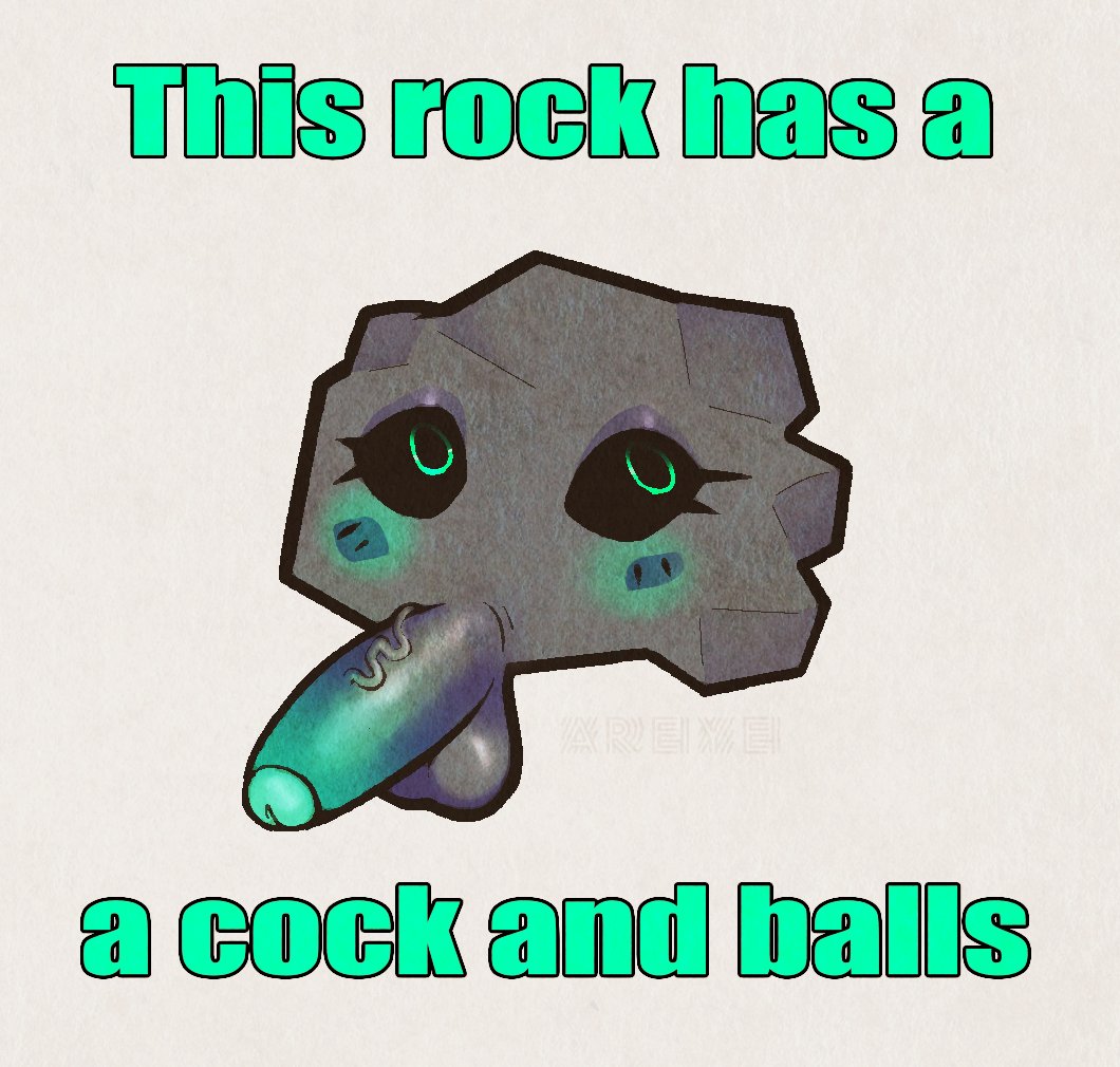 anthro areye_(artist) balls basalt_(inkplasm) black_sclera blush elemental_creature genitals glistening glistening_body golem green_eyes grey_body grey_skin humor jewish_mythology male male_focus male_only meme mineral_fauna mythological_golem mythology not_furry penis rock rock_creature solo stone_body vein veiny_penis