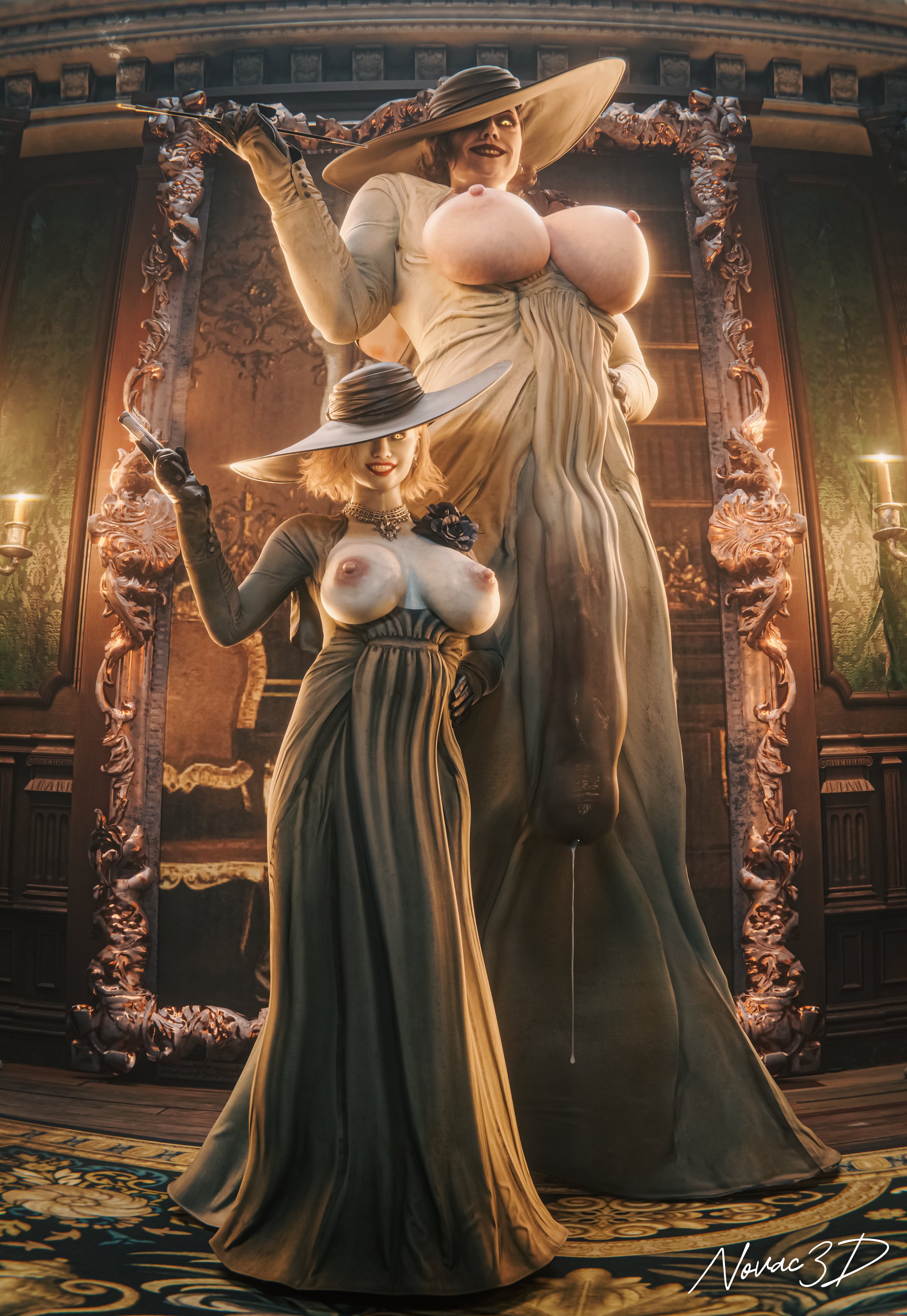 1futa, 1girls, 3d, alcina dimitrescu, alcina dimitrescu (cosplay), areolae, big breasts, big penis, big tits, breasts, breasts out, breasts out of clothes, bulge, bulge through clothing, bulge under clothes, busty, capcom, cigarette, cigarette holder, cum string, dress, female, flashing, flashing breasts, full body, futa is bigger, futanari, grace ashcroft, grace ashcroft (dimitrescu costume), grace ashcroft (julia pratt), hands on hips, hanging penis, holding cigarette, holding gun, hourglass figure, huge cock, huge penis, large breasts, large cock, large penis, large tits, massive breasts, massive cock, massive penis, monster cock, nipples, novac3d, penis, penis outline, portrait, precum, precum drip, precum string, precum through clothing, resident evil, resident evil 8: village, resident evil 9: requiem, standing, standing position, strong futa, tagme, taller futa, video game character, video game franchise, visible bulge, wide hips