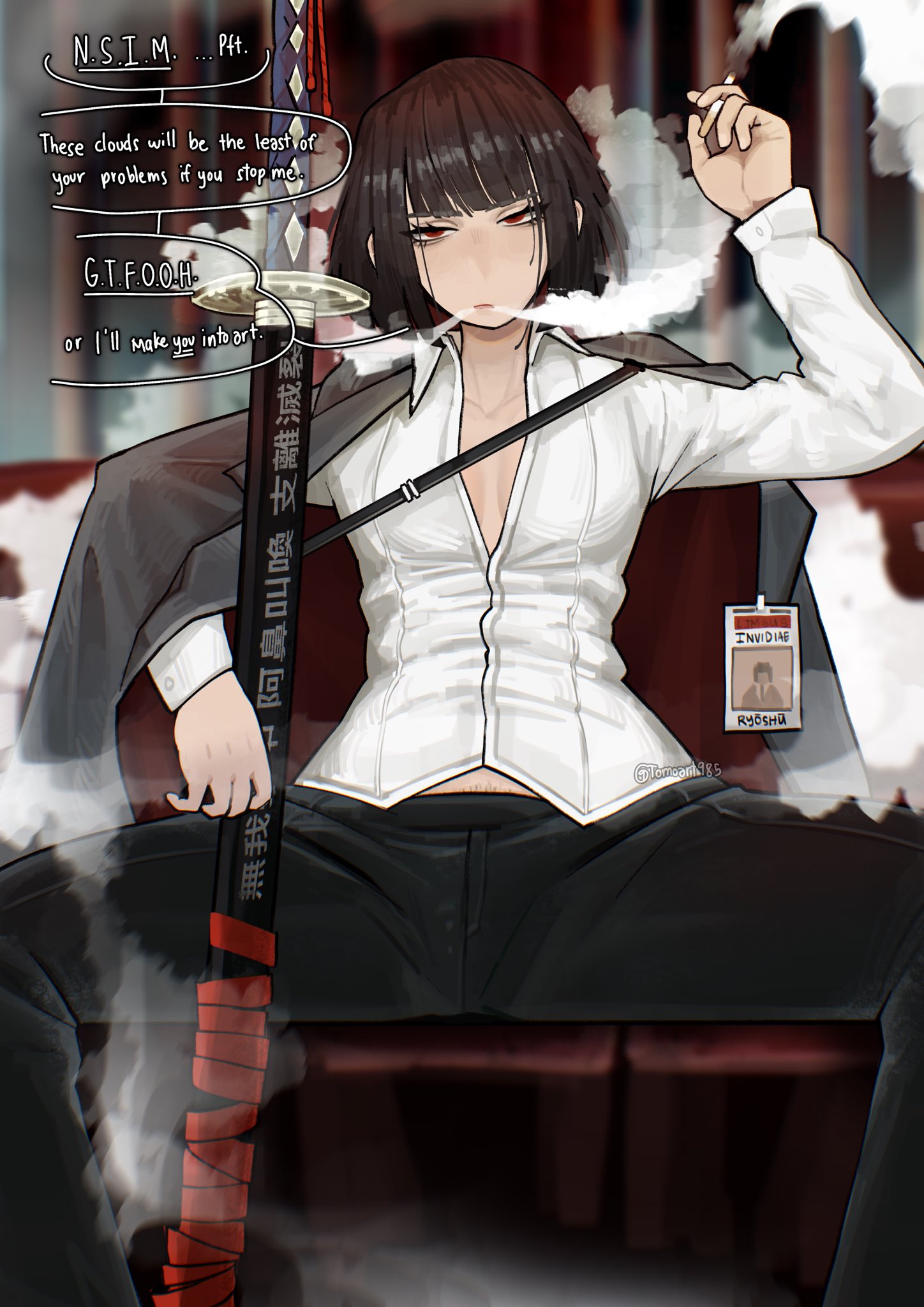 1girls, collarbone, dialogue, female, female focus, female only, limbus company, looking at viewer, project moon, pubes, pubic hair, pubic hair peek, ryoshu (limbus company), smoke, smoke from mouth, smoking, solo, solo female, solo focus, spread legs, spreading, suggestive, suggestive pose, tagme, talking to viewer, text, text bubble, tomoart985, unbuttoned, unbuttoned shirt