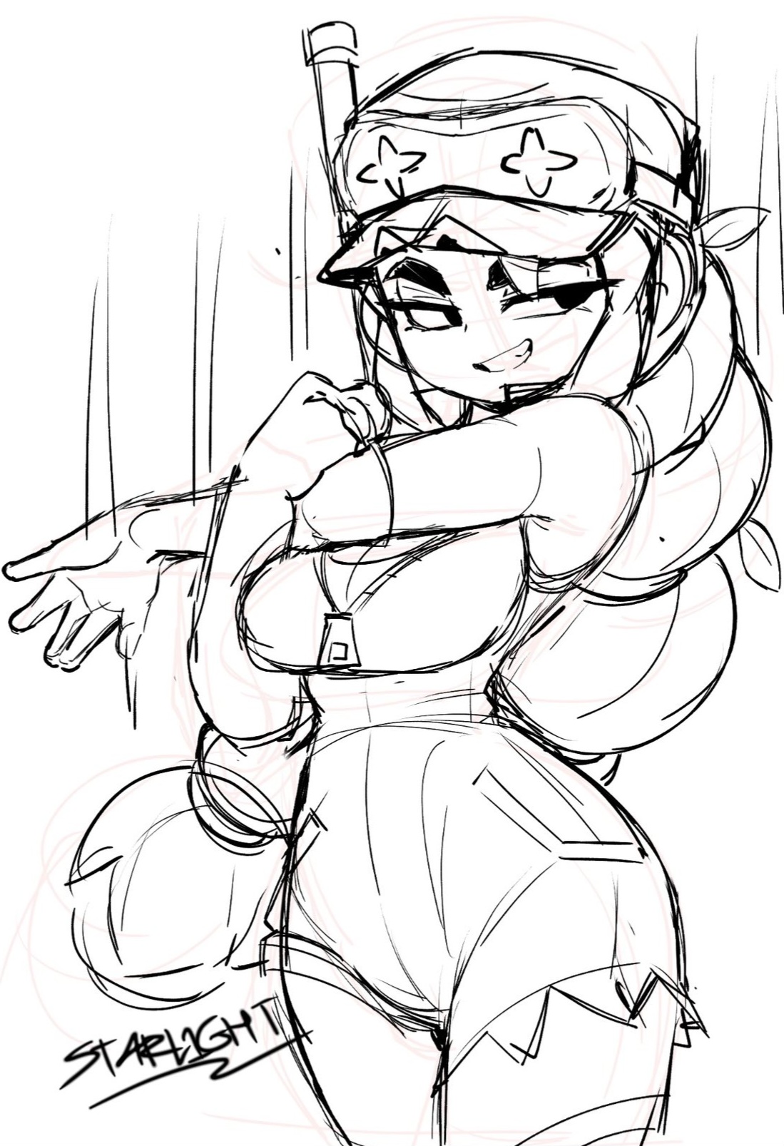 alli (brawl stars), brawl stars, breasts, cap, cleavage, female, female only, gloves, headgear, leaves in hair, long hair, looking away, safe, shorts, sketch, smile, stretching, tagme, tagme (artist), thick thighs, tied hair, voluptuous, wide hips, zipper