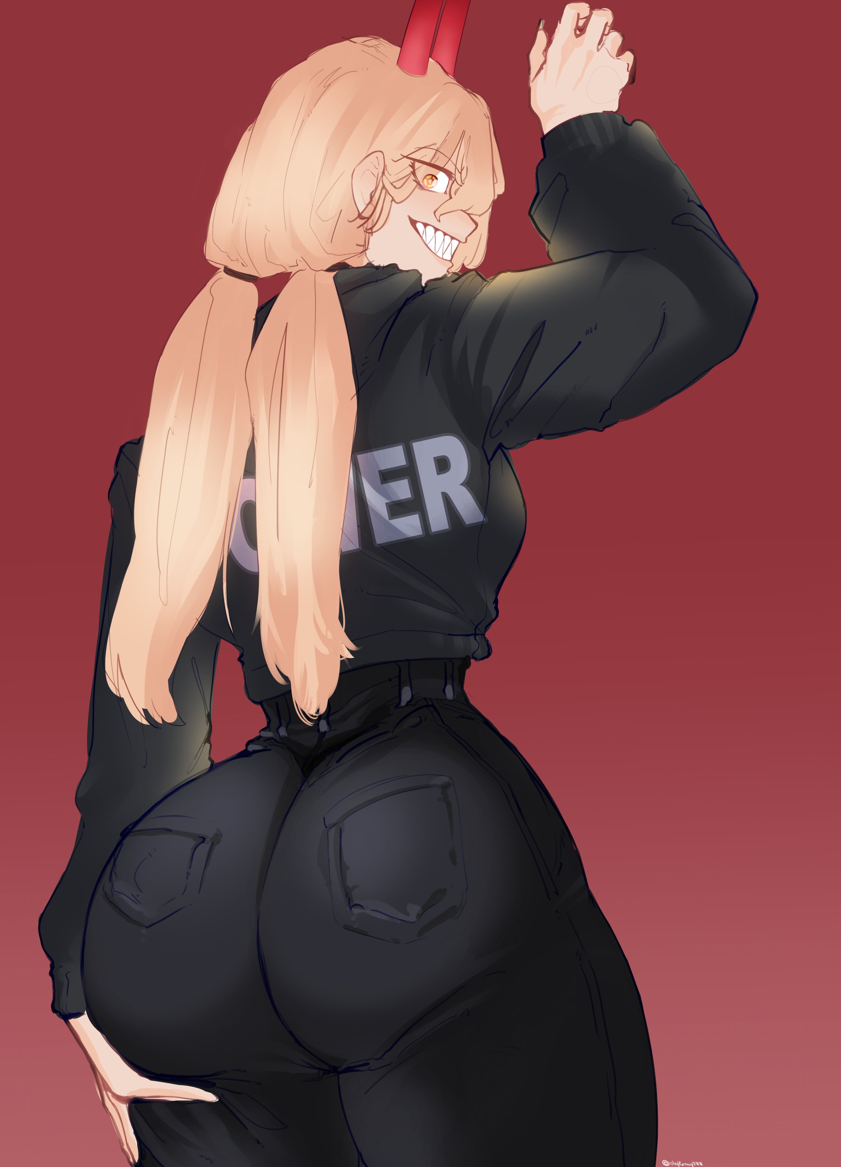 1girls, alqkemy777, ass, ass grab, big ass, blonde hair, chainsaw man, clothes writing, demon, demon girl, female, female only, from behind, grin, horns, jeans, long hair, looking at viewer, looking back, pants, power (chainsaw man), red background, simple background, smile, solo, tagme, teeth, thick thighs, thighs, yellow eyes