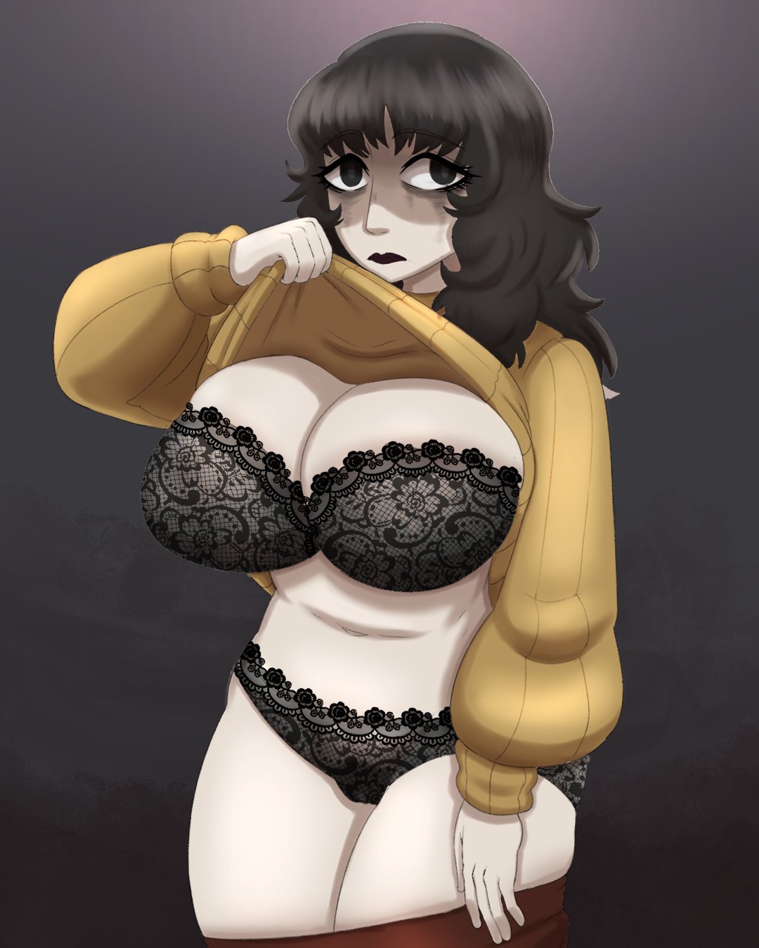 alternate version at source, big breasts, black eyes, black hair, blinkerbye, lace-trimmed bra, lace-trimmed panties, milf, rosemary walten, sweater, sweater lift, the walten files