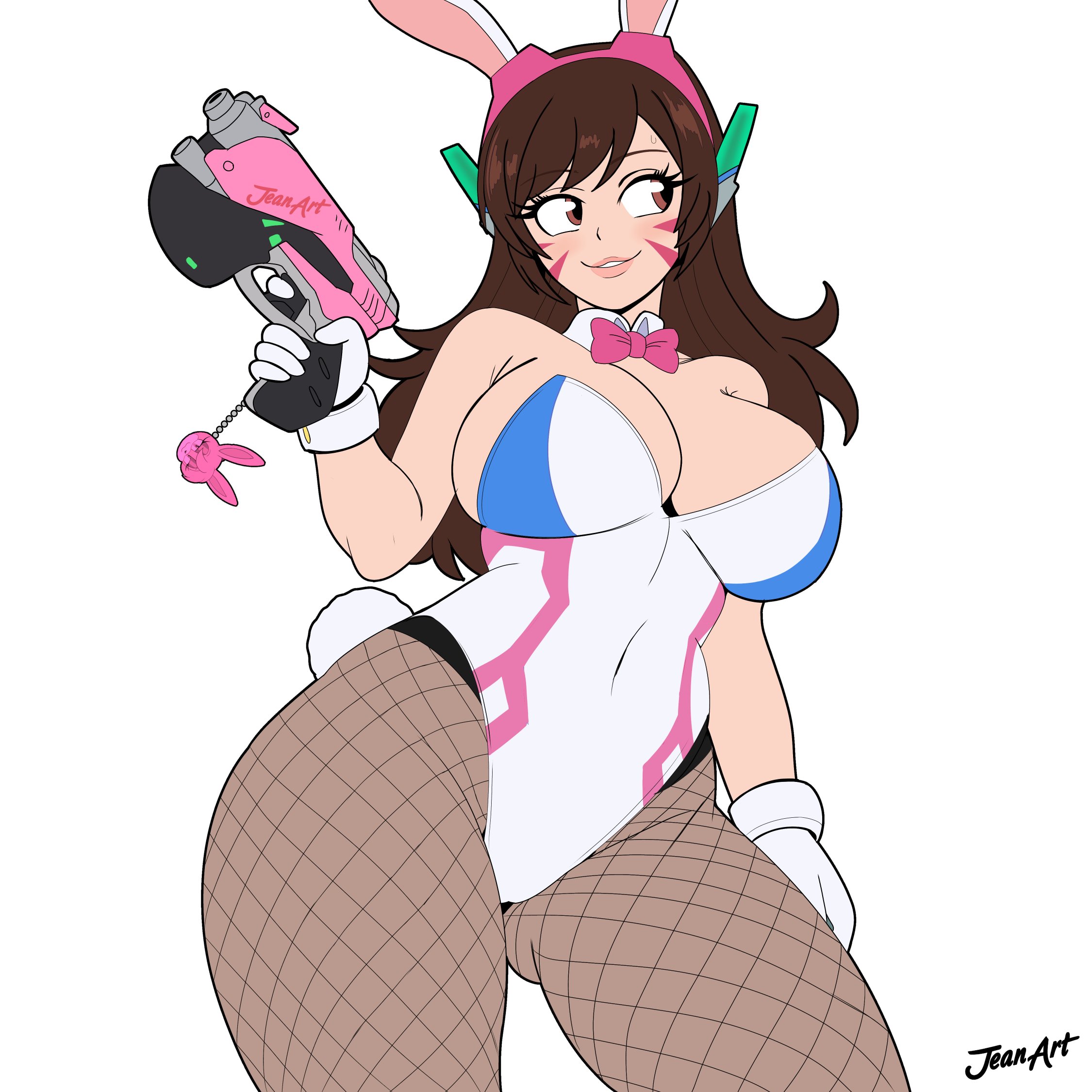 big breasts, brown hair, bunny ears, cleavage, d.va, fake animal ears, fake rabbit ears, jeanart, large breasts, overwatch