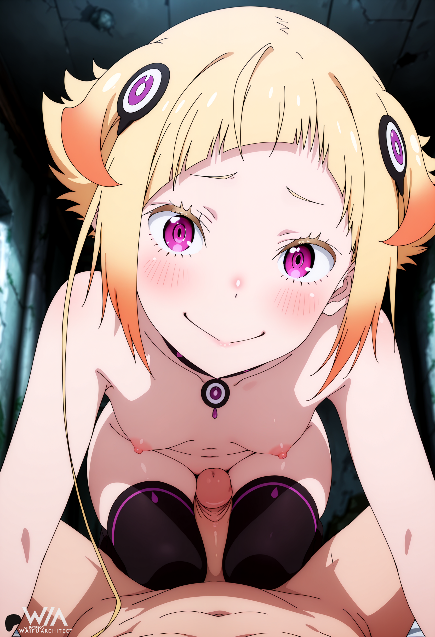 1boy, ai generated, blonde hair, blush, breasts, capella emerada lugunica, cowgirl position, female, looking at viewer, multicolored hair, navel, nipples, nude, orange hair, penis, pink eyes, pov, purple eyes, short hair, small breasts, smile, solo focus, straight, thighhighs, uncensored, waifuarchitect