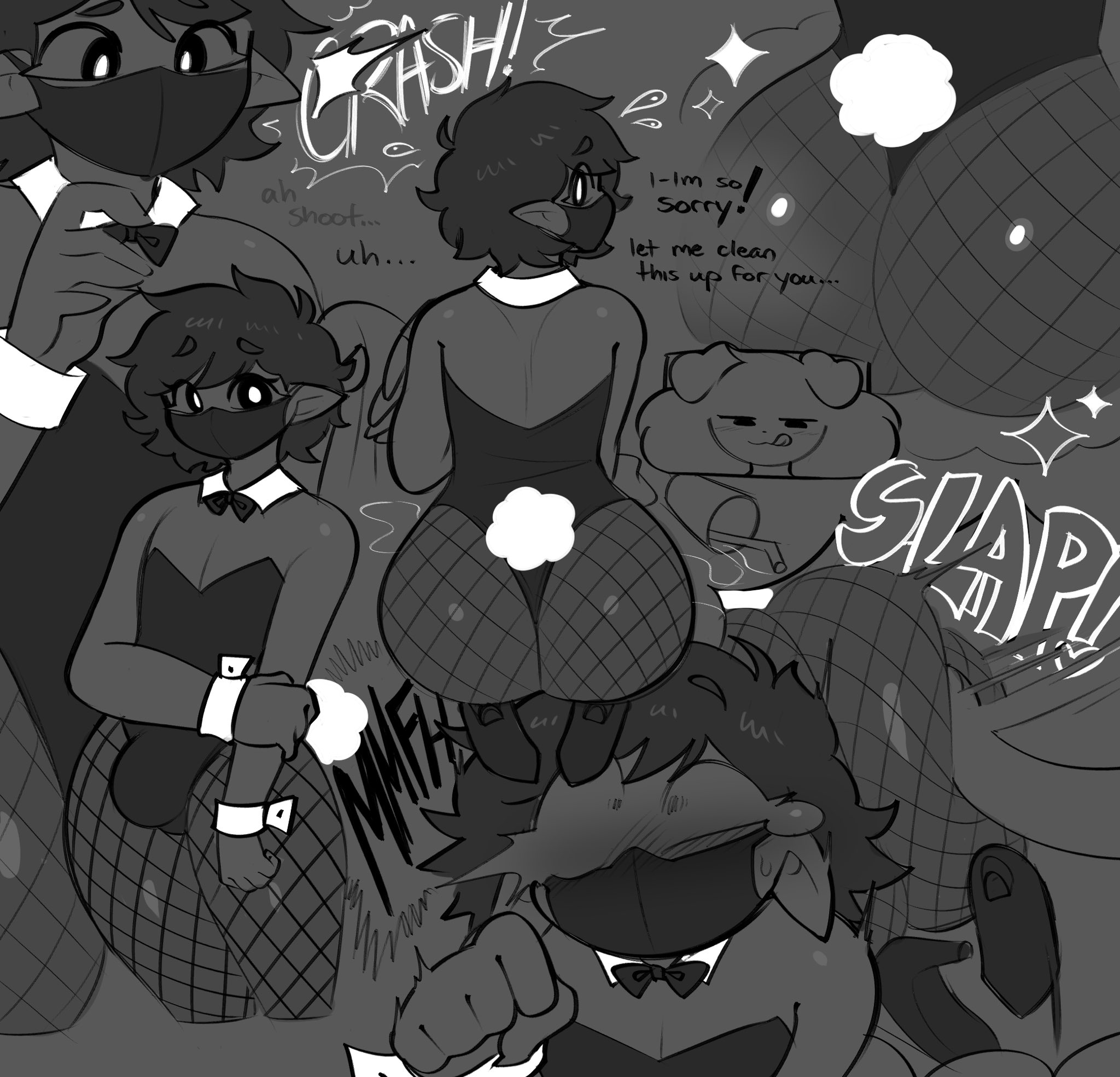 0nyxflow, 1ambiguous, 1boy, 2026, 2d, 2d (artwork), ambiguous gender, anthro, ass, ass focus, ass slap, ass slapping, big ass, big butt, blush, blush lines, bow tie, bowtie, bulge, bulge through clothing, bunny costume, bunny tail, bunnysuit, butt slap, canid, canine, canis, collar, dialogue, digital drawing (artwork), digital media (artwork), english text, fishnet legwear, fishnets, glistening, glistening ass, glistening body, glistening butt, greyscale, male, male focus, mask, moan, monochrome, multiple views, onomatopoeia, onyx (onyxflow), pointy ears, puppysnackz, puppysnackz (character), short hair, slapping, slapping ass, slapping butt, spanking, spanking ass, spanking butt, sparkles, spilled drink, sweat, sweatdrop, text, thick thighs, thighs, tongue, tongue out