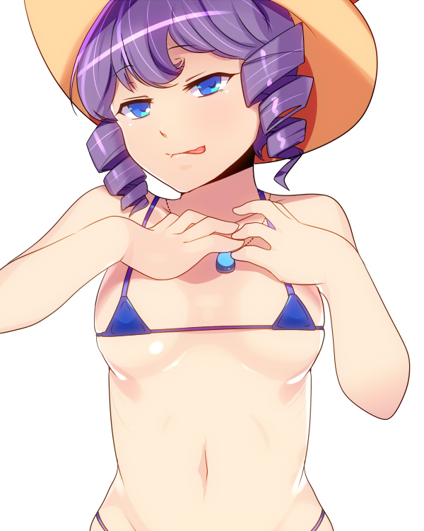 1girls bikini blue_eyes breasts chargeman_ken! cowboy_hat female hat hitomi_(chargeman_ken!) purple_hair short_hair solo