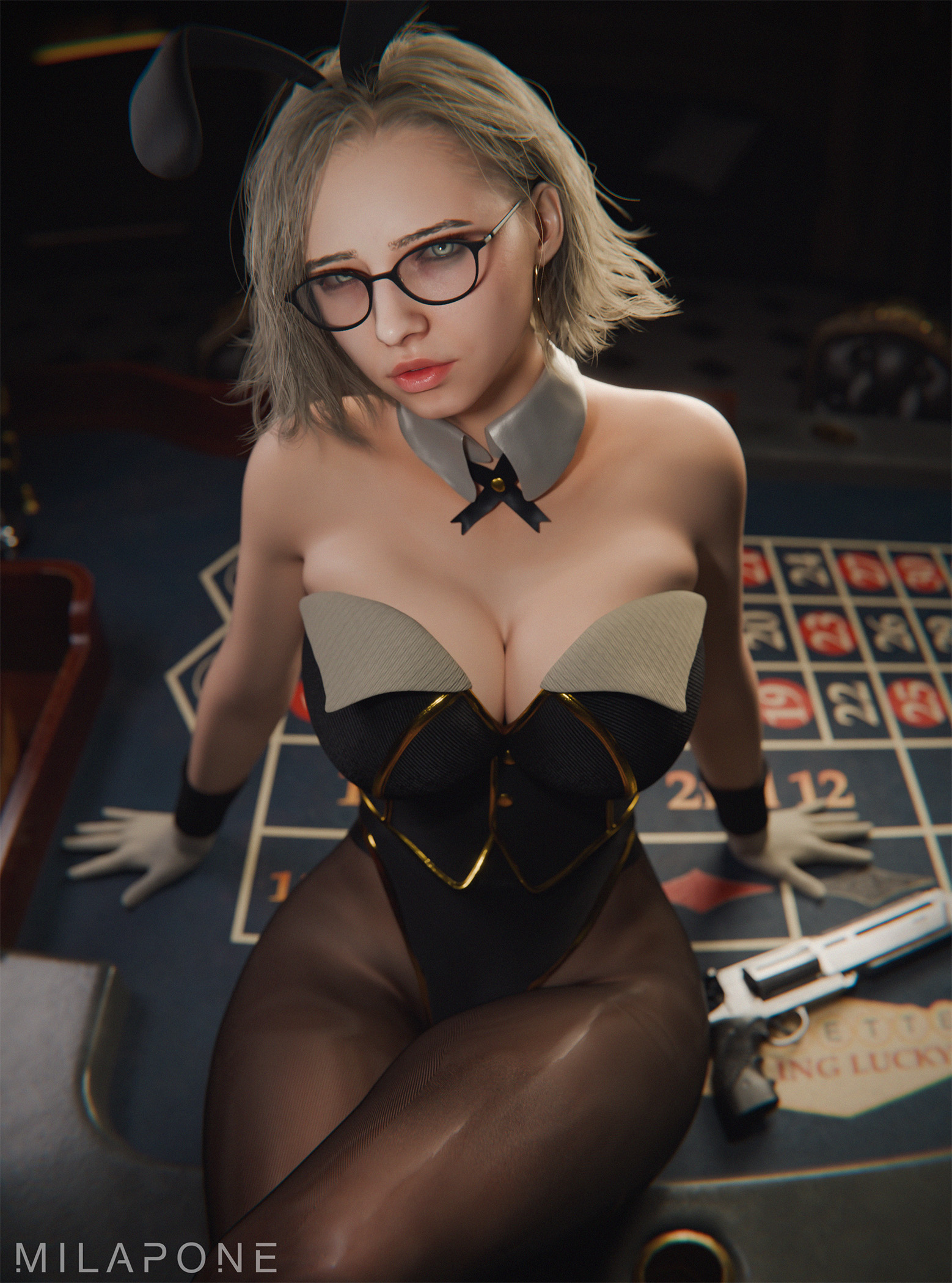 1girls, 3d, 3d (artwork), big breasts, biohazard, blonde female, blonde hair, blue eyes, breasts, breasts squeezed together, bunny costume, bunny ears, bunny girl, bunnygirl, bunnysuit, capcom, casino, curly hair, female, female only, glasses, gloves, grace ashcroft, grace ashcroft (julia pratt), hi res, high resolution, legs, legs crossed, legs together, light-skinned female, lips, looking at viewer, milapone, neckwear, pantyhose, resident evil, resident evil 9: requiem, sitting on table, tagme, wavy hair, weapon, white gloves