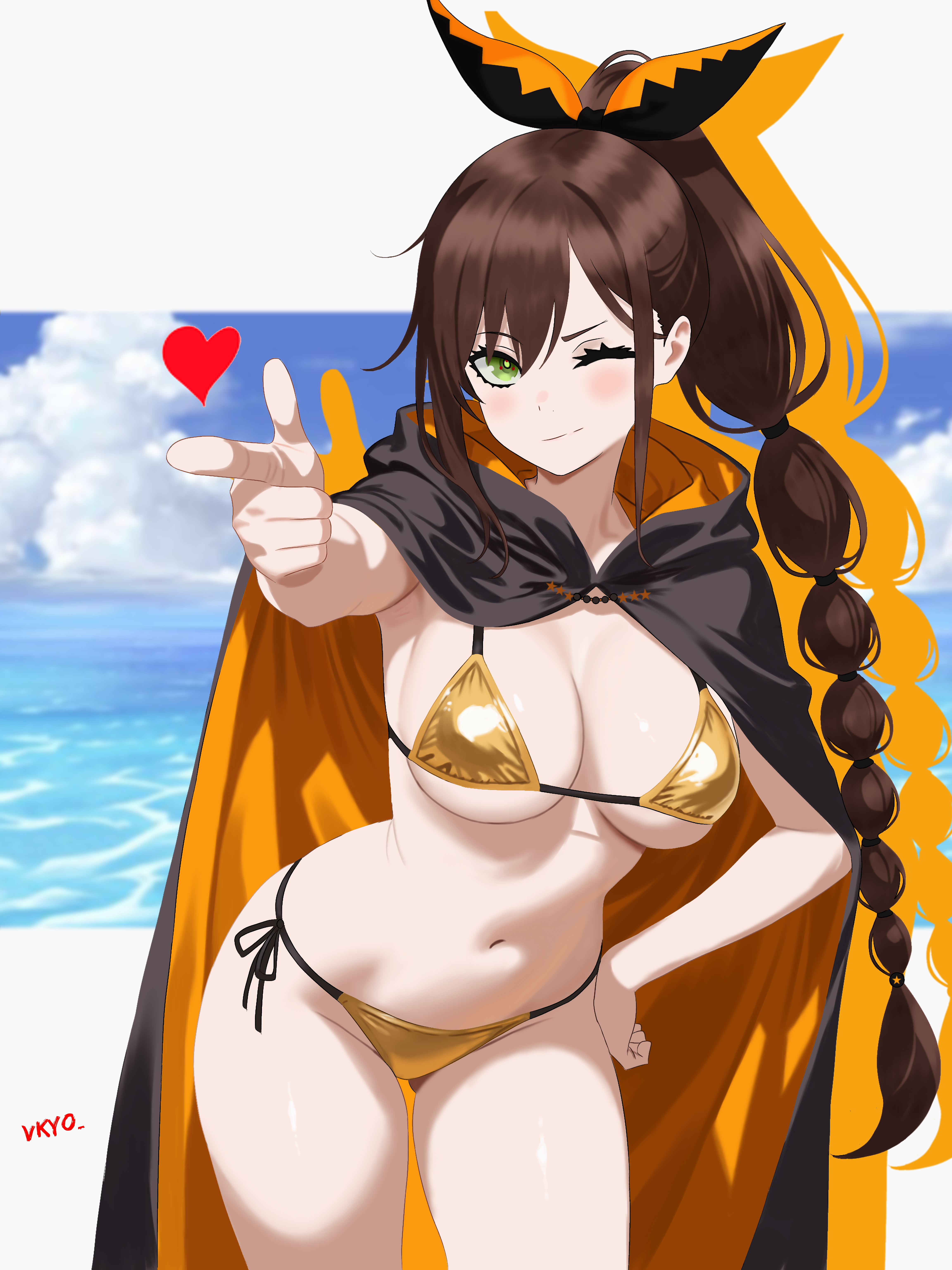 1girls, almost naked, armpits, belly, belly button, belly cutout, belly fetish, belly outline, big breasts, bikini, blush, blushing, blushing at viewer, braided hair, breasts, brown hair, coat, finger gun, gold bikini, green eyes, hair ornament, hand on hip, hi res, hips, hips wider than shoulders, hourglass figure, hourglass figured female, long hair, love heart, midriff, midriff cutout, midriff exposed, midriff peek, midriff showing, navel, navel cutout, navel fetish, navel line, navel outline, orange coat, perfect anatomy, perfect body, re:zero kara hajimeru isekai seikatsu, red pupils, scorpion tail, sexy body, shaula (re:zero), slender, slender body, slender build, slender waist, slim body, slim female, slim figure, slim girl, slim torso, slim waist, tied hair, torso shot, tummy, vkyo, wide hipped female, wide hips