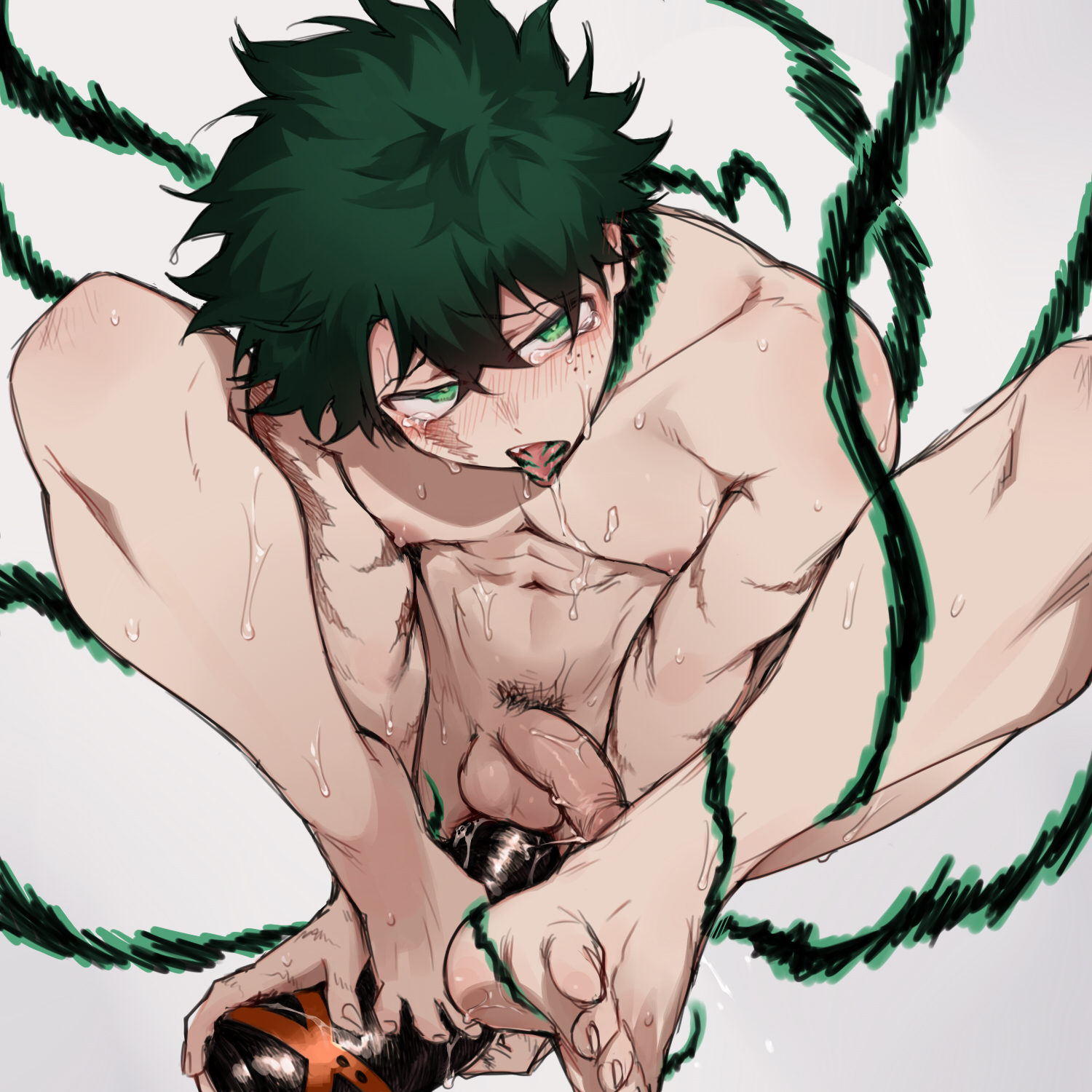 1boy, abs, anal, anus, ass, barefoot, black whip (boku no hero academia), boku no hero academia, completely nude, dildo, feet, freckles, gay, gay male, glans, green hair, izuku midoriya, legs, maoning, masturbation, melteroacc, messy hair, midoriya izuku, my hero academia, nude, pectorals, penis, power, pubic hair, saliva, scar, soles, tears, testicles, toes, tongue out, yaoi
