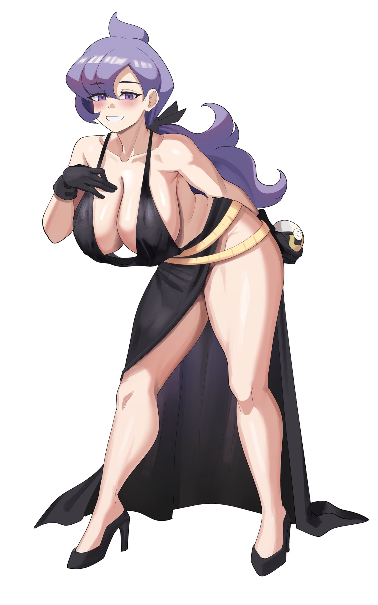 1girls, anabel (pokemon), bare shoulders, big breasts, black dress, black footwear, black gloves, blush, breasts, cleavage, dress, female, female only, full body, gloves, grin, high heels, huge breasts, long hair, looking at viewer, no bra, pokemon, pokemon sm, purple eyes, purple hair, revealing clothes, side slit, smile, thick thighs, thighs, ytrall