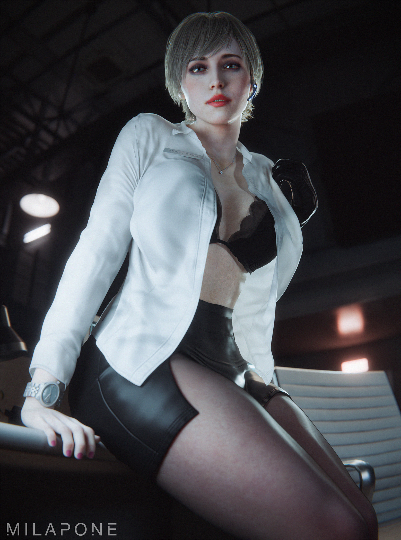 1girls, 3d, black skirt, blonde hair, clothed, clothing, female, female only, indoors, lipstick, looking at viewer, milapone, office lady, open shirt, pants, red lipstick, resident evil, resident evil 9: requiem, sherry birkin, sherry birkin (bridgette haze), shirt, skirt, solo female, tagme, white shirt