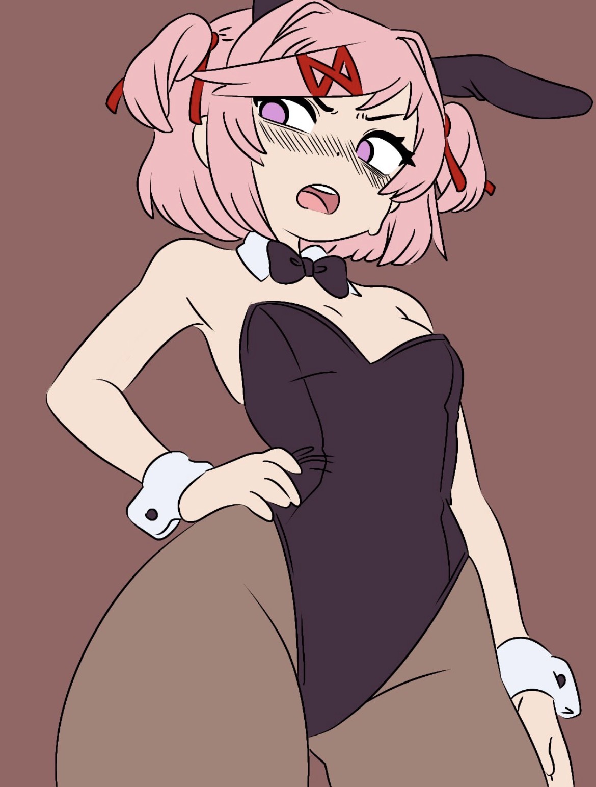 1girls, blush, blushing, bunny ears, bunnysuit, doki doki literature club, embarrassed, embarrassed female, female, female only, natsuki (doki doki literature club), pantyhose, pink hair, playboy bunny, skreamyy, solo, solo female