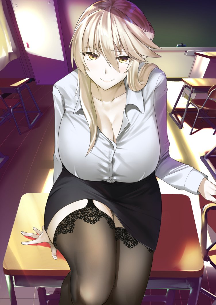 1girls, artoria pendragon, artoria pendragon (lancer alter), big breasts, blush, breasts, classroom, cleavage, clothed, detailed background, fate (series), fate/grand order, female, female focus, garter straps, large breasts, light skin, light-skinned female, mu-nyako, muunyan (yumenekoya), pale skin, pale-skinned female, platinum blonde hair, skirt, teacher, thick thighs, thighhighs, thighs, yellow eyes