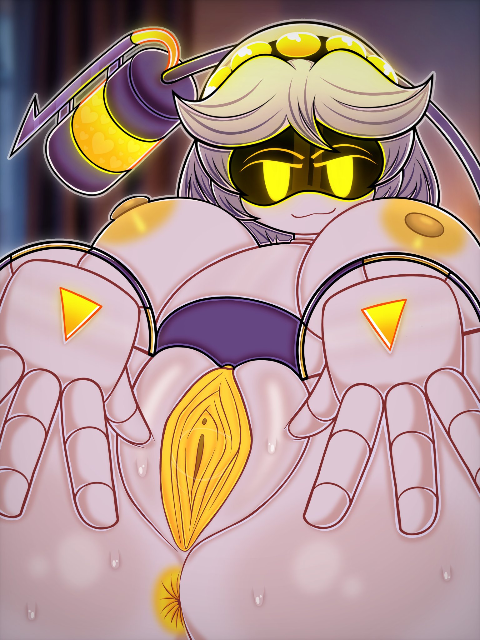 1girls, ass, breasts, female focus, female only, glitch productions, grey hair, murder drones, neyro, pussy, pussy focus, robot, smiling, solo, solo female, solo focus, spread pussy, tagme, tail, v (murder drones), yellow eyes