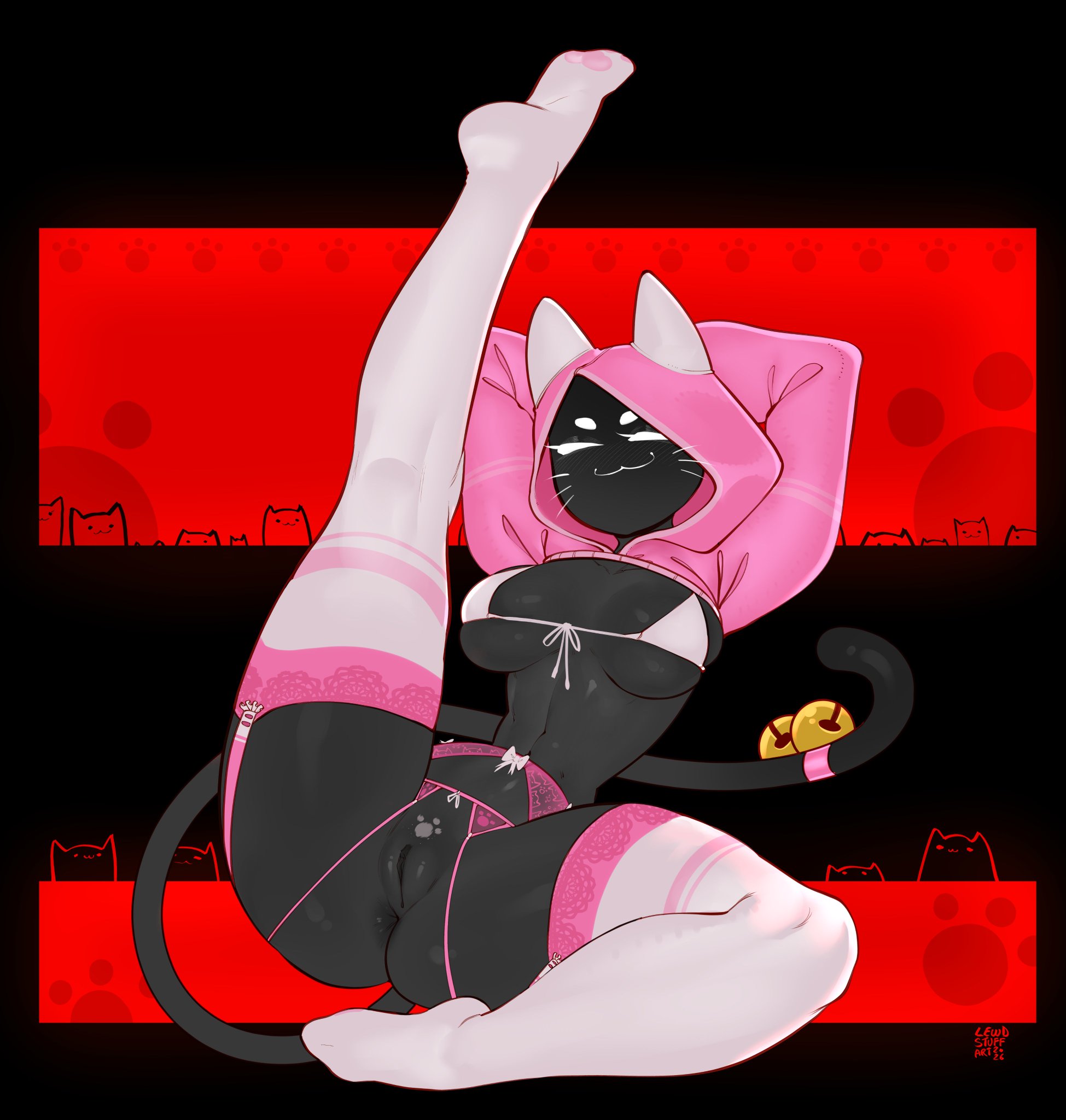 1girls, animal ears, anus, bell, bell tail ornament, black body, black skin, breasts, cat ears, catgirl, clothed, clothed female, feline, female, leg up, legs apart, lewd, lewdstuff, lewdstuffart, partially clothed, partially clothed female, pink clothing, pink panties, presenting, presenting pussy, pussy, solo, tail, tail ornament