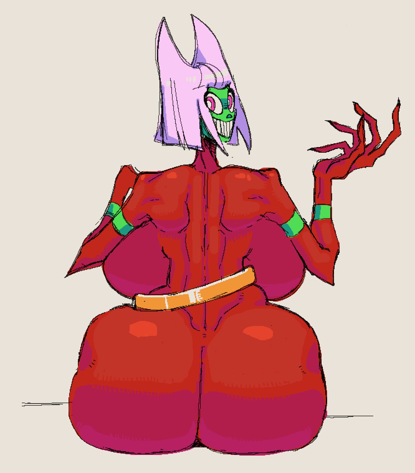 1girls, 2026, ass, ass focus, backboob, big ass, big breasts, bodysuit, breasts, butt witch, dat ass, detailed back, fat ass, female, female focus, gigantic ass, green skin, hourglass figure, huge ass, huge breasts, large ass, large breasts, looking back at viewer, mature female, open smile, red bodysuit, red eyes, scary smile, sharp fingers, sharp teeth, simple background, sitting, smile, solo, solo focus, submarichamomi2, twelve forever, white hair