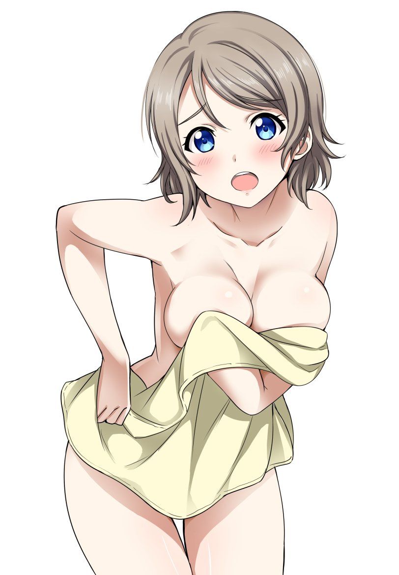 1girls, big breasts, blue eyes, breasts, cleavage, embarrassed, female, grey hair, leaning forward, love live!, love live! sunshine!!, naked towel, nude, open mouth, sankuro (agoitei), solo, towel, watanabe you