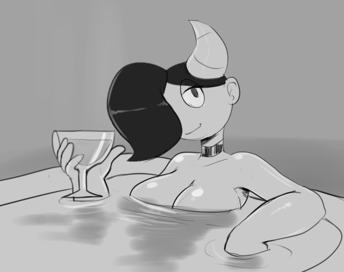 bath bathing bathtub big_breasts breasts choker collar dandy_demons grey_background hair_covering_eye hair_covering_one_eye hair_over_one_eye horn horns looking_at_viewer peculiart silvia_(peculiart) whine wine wine_glass