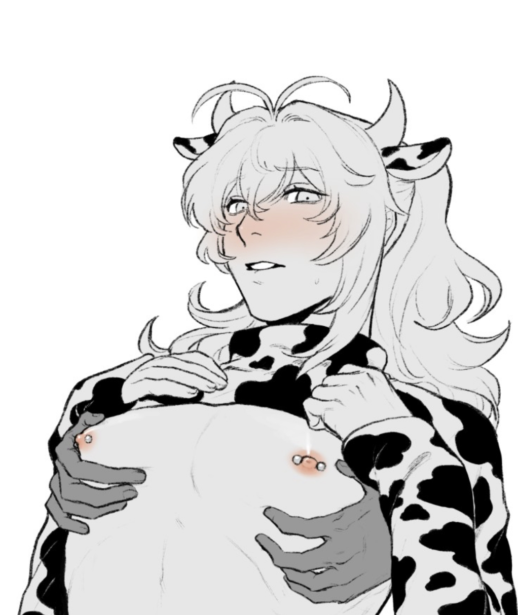 blush, brother, brother/brother, brothers, cow print, diluc (genshin impact), femboy, genshin impact, grabbing from behind, hakhammm, incest, kaeya (genshin impact), male, male focus, male only, nervous, pierced nipples, solo, solo focus, step-incest, yaoi