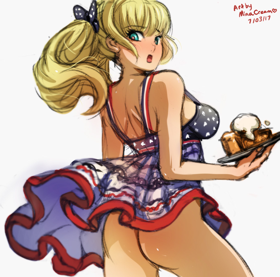 1girls 4th_of_july america american american_flag american_flag_bikini anime_style apple_pie ass blonde_hair blue_eyes blush booty bow breasts clothes_lift commentary cute dress dress_lift female female_only from_behind hairbow large_breasts long_hair minacream national_personification no_panties no_underwear original patriotic_clothing photoshop_(medium) plate ponytail simple_background skirt_lift solo solo_female strap_gap united_states_of_america upskirt usa wardrobe_malfunction whipped_cream white_background wind wind_lift